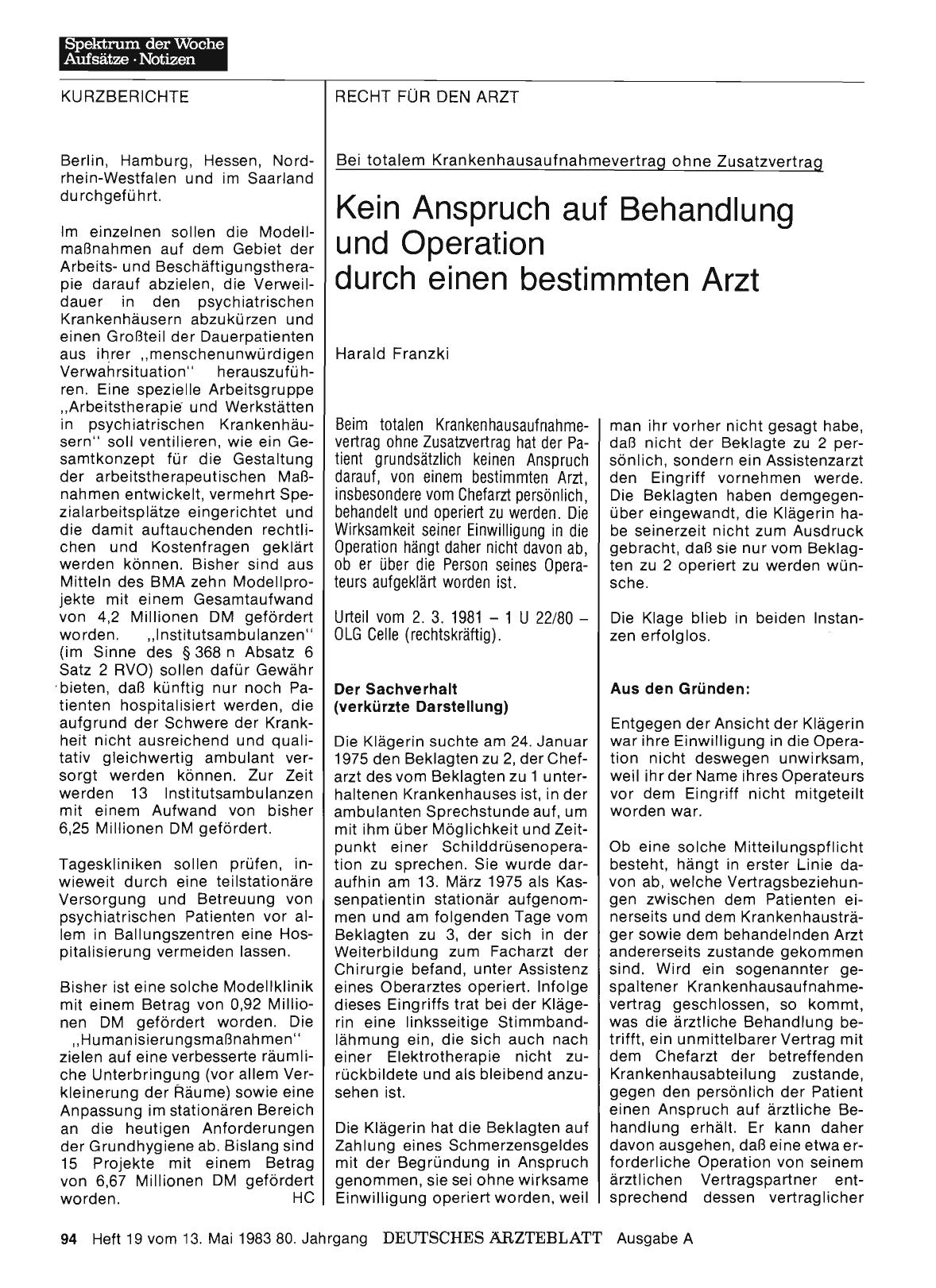 Vorschauseite 1: Kein Anspruch auf Behandlung und Operation durch einen bestimmten Arzt bei totalem Krankenhausaufnahmevertrag ohne Zusatzvertrag