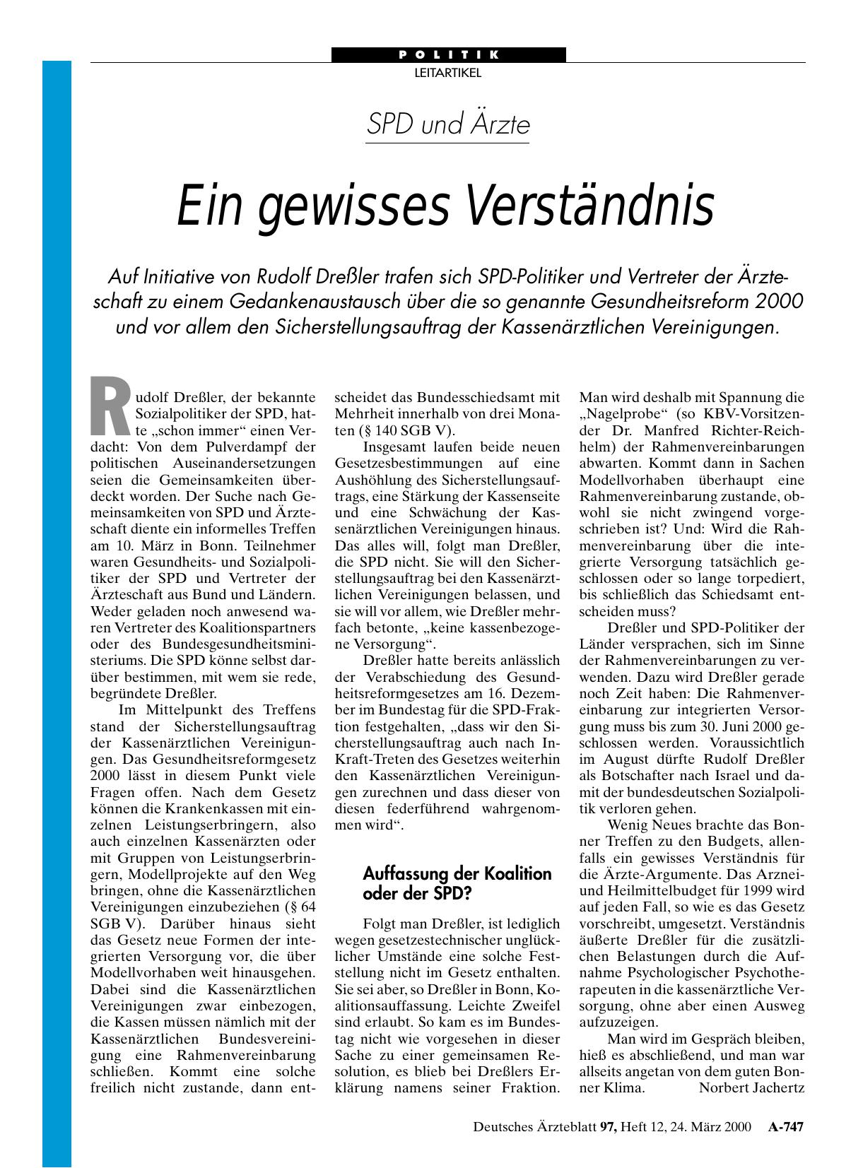 Vorschauseite 1: SPD und Ärzte: Ein gewisses Verständnis
