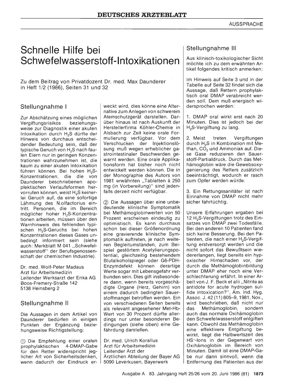 Vorschauseite 1: Schnelle Hilfe bei Schwefelwasserstoff-Intoxikationen: Stellungnahme II