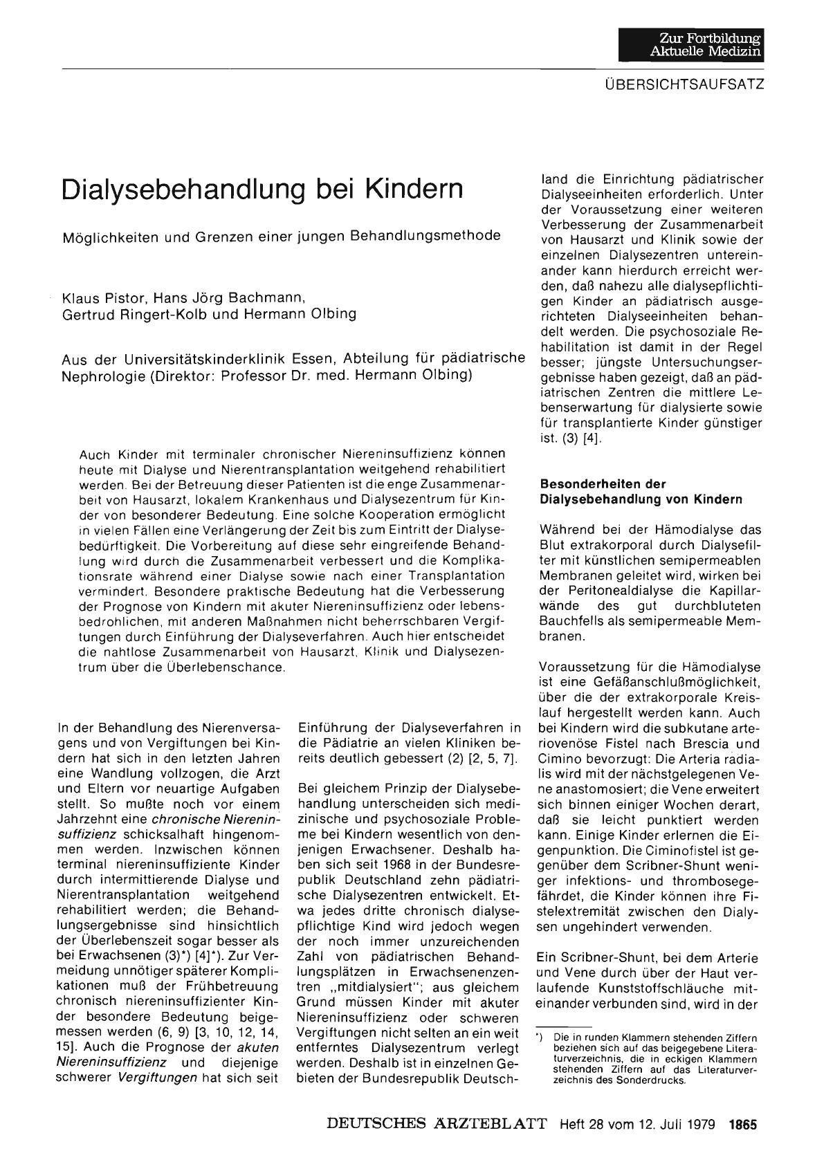 Vorschauseite 1: Dialysebehandlung bei Kindern