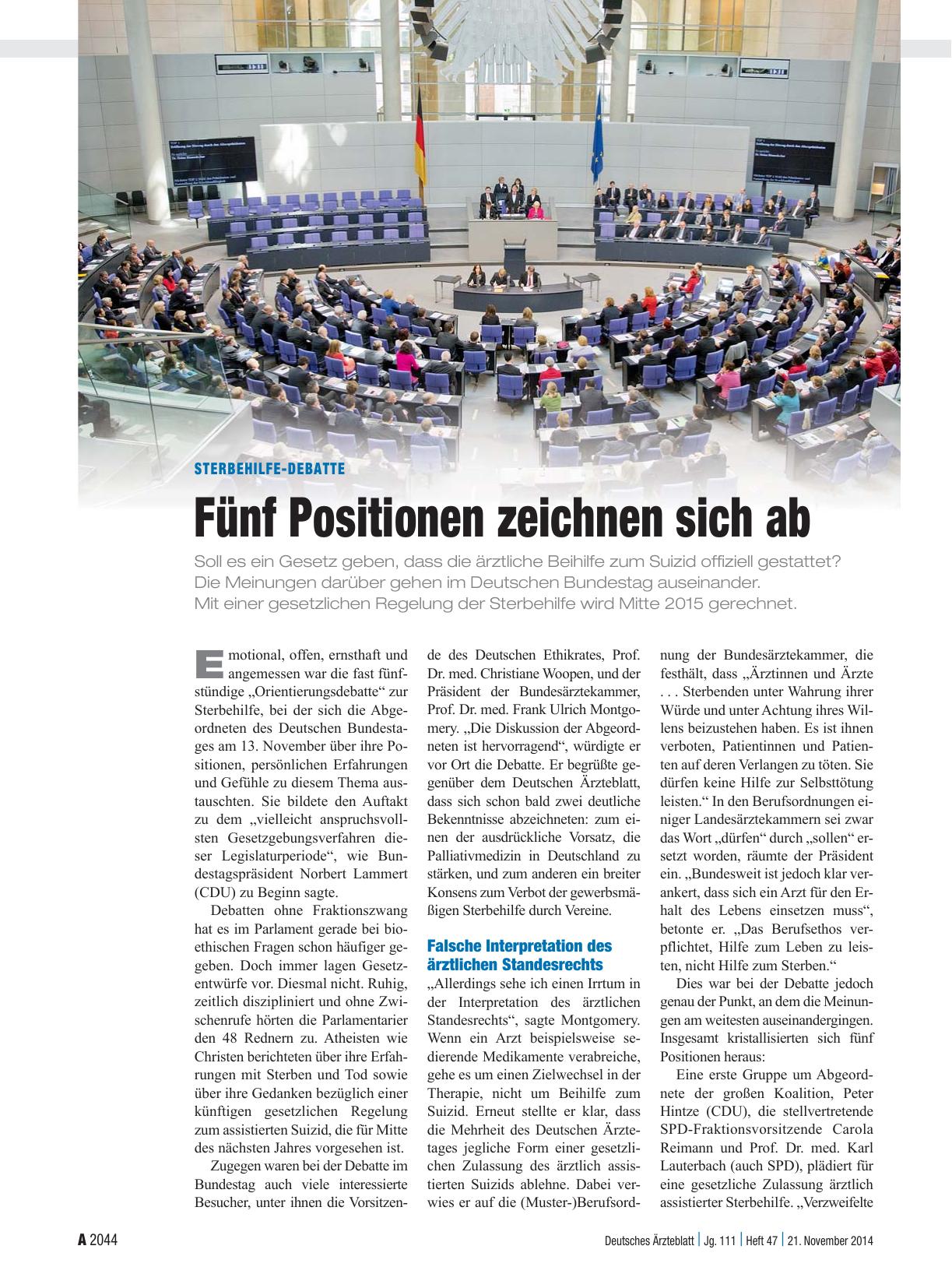 Vorschauseite 1: Sterbehilfe-Debatte: Fünf Positionen zeichnen sich ab