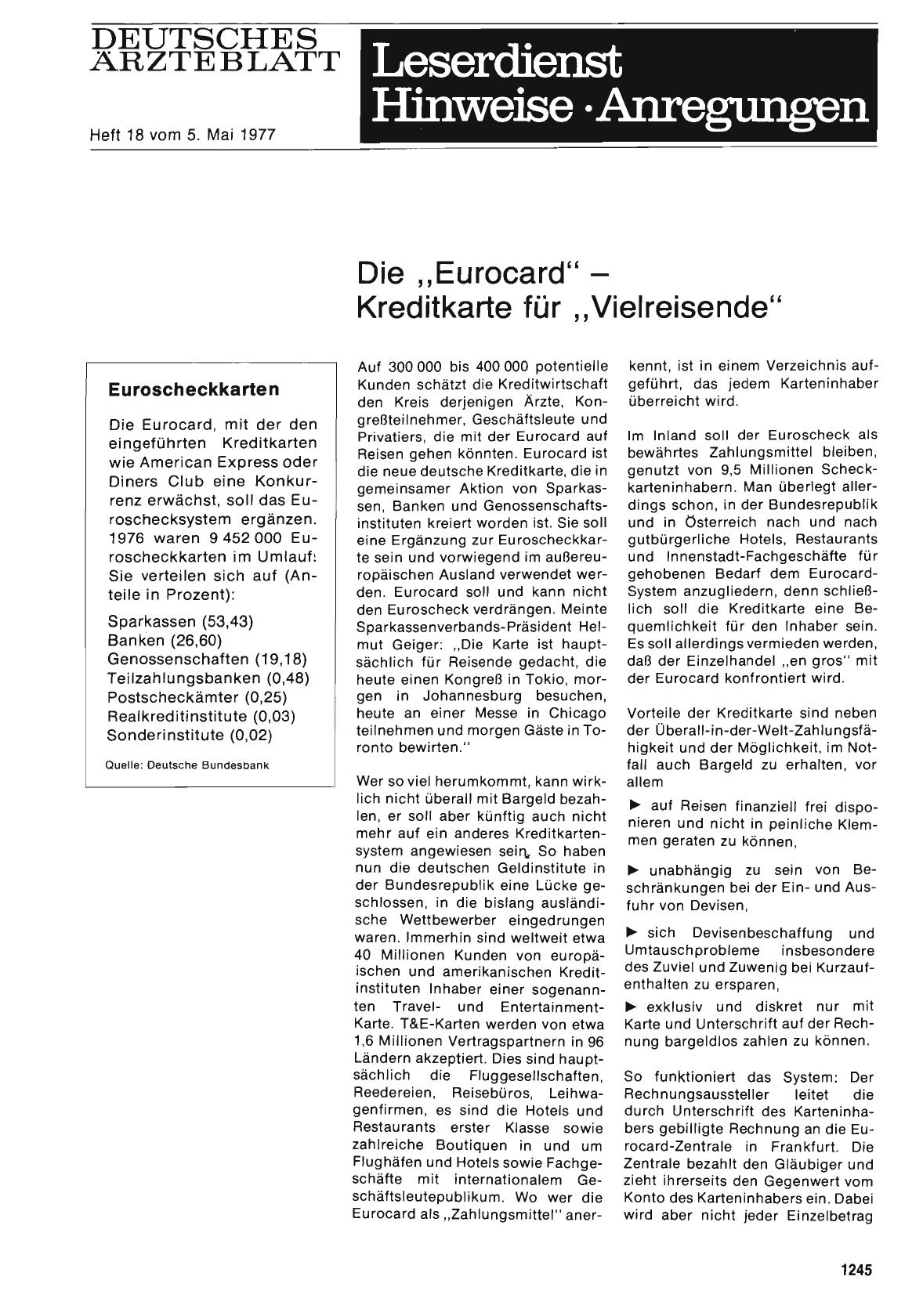 Vorschauseite 1: Die, ,Eurocard“ - Kreditkarte für, , Viel reisende“