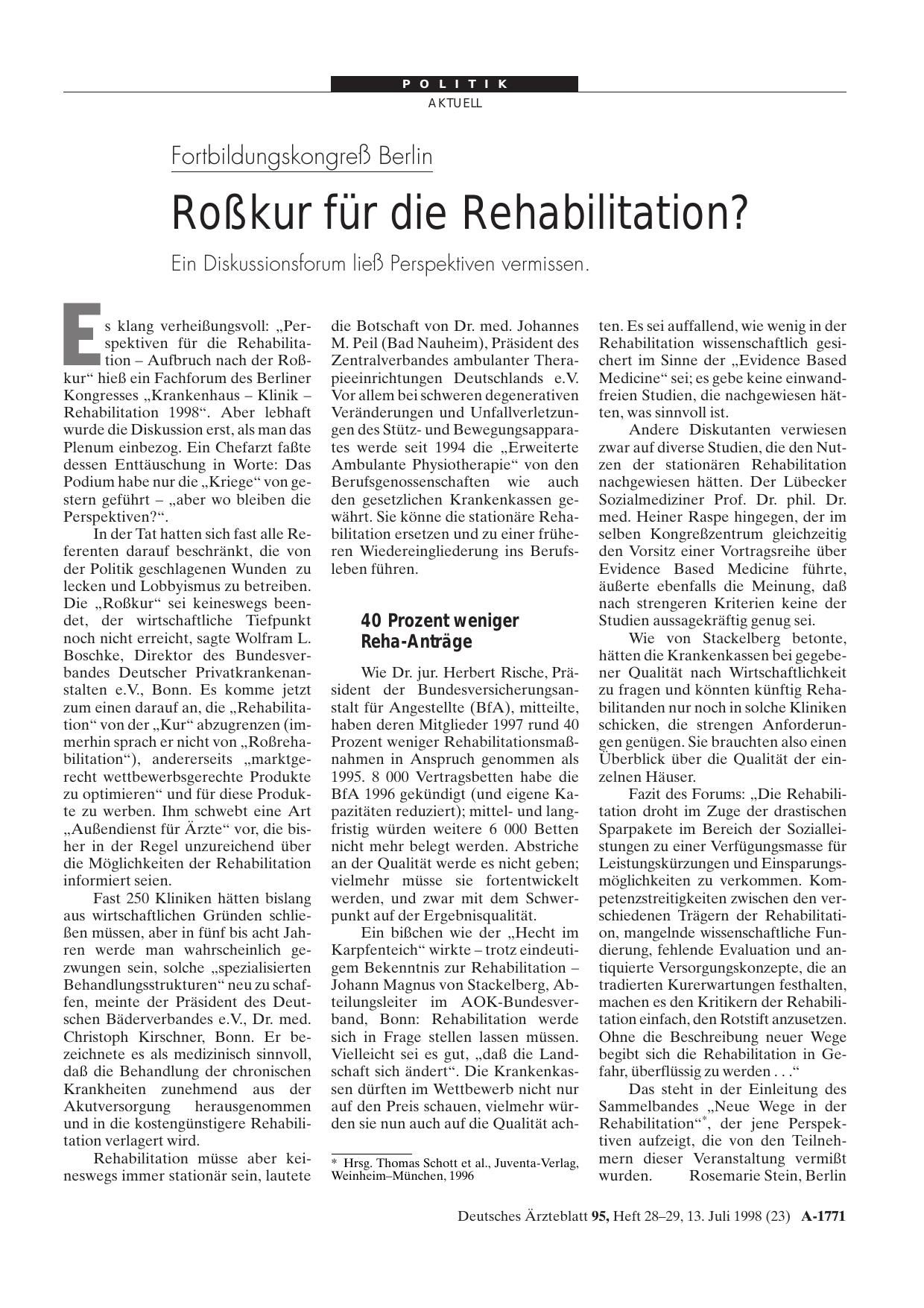 Vorschauseite 1: Fortbildungskongreß Berlin: Roßkur für die Rehabilitation?
