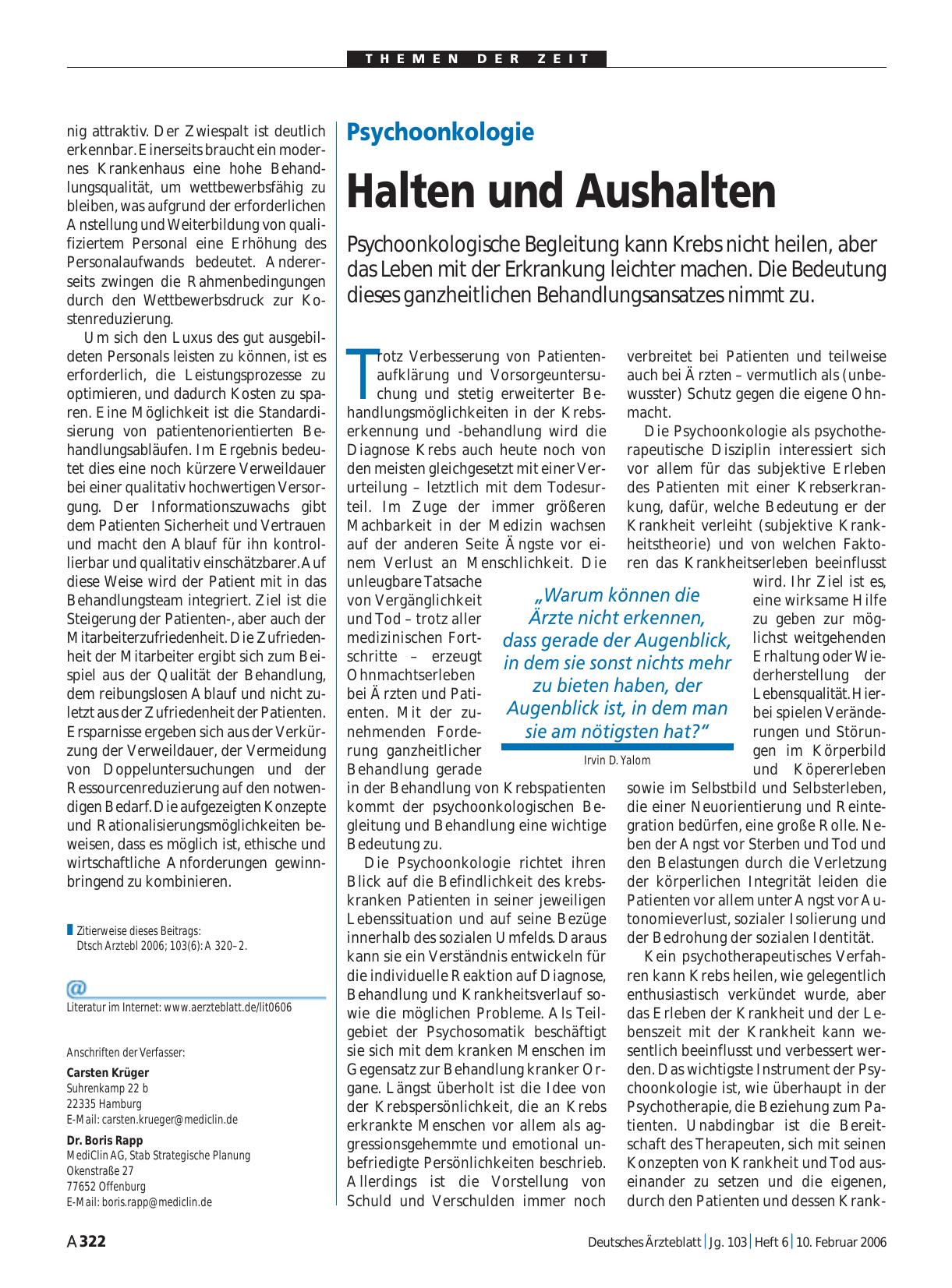 Vorschauseite 1: Psychoonkologie: Halten und Aushalten