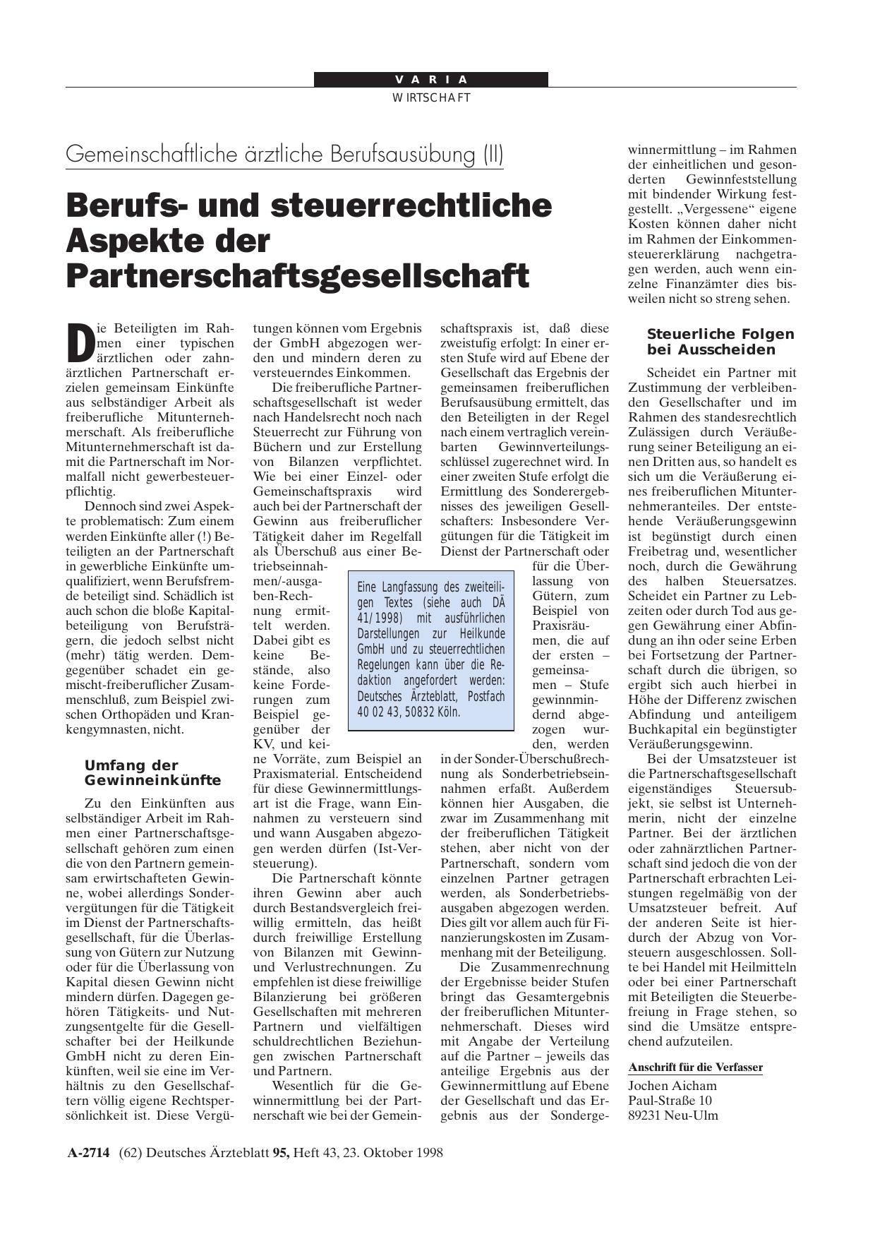 Vorschauseite 1: Gemeinschaftliche ärztliche Berufsausübung (II): Berufsund steuerrechtliche Aspekte der Partnerschaftsgesellschaft
