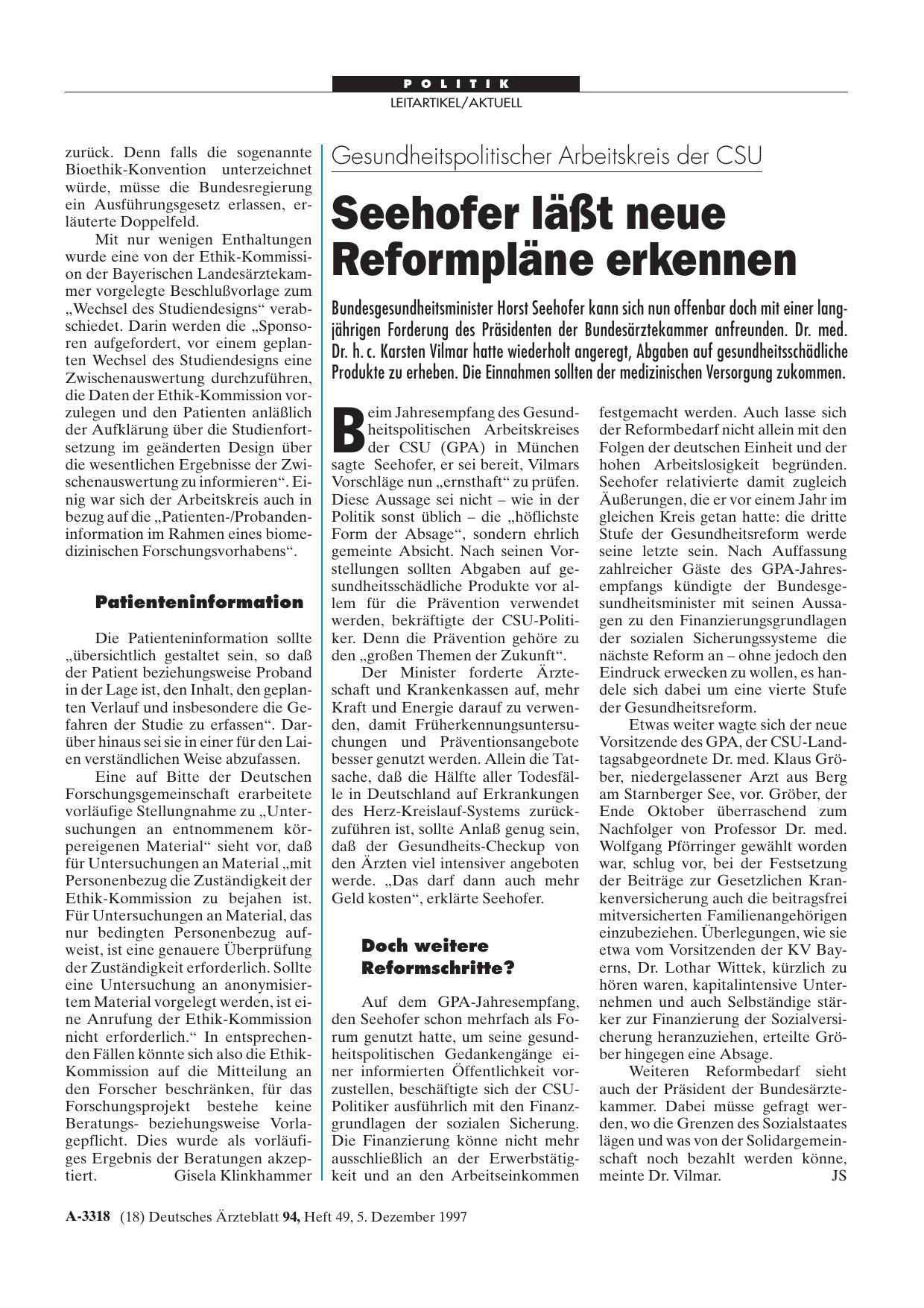 Vorschauseite 1: Gesundheitspolitischer Arbeitskreis der CSU: Seehofer läßt neue Reformpläne erkennen