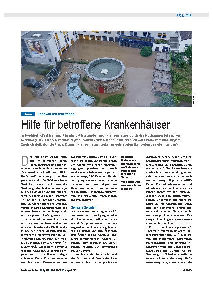 Vorschauseite 1: Hochwasserkatastrophe: Hilfe für betroffene Krankenhäuser