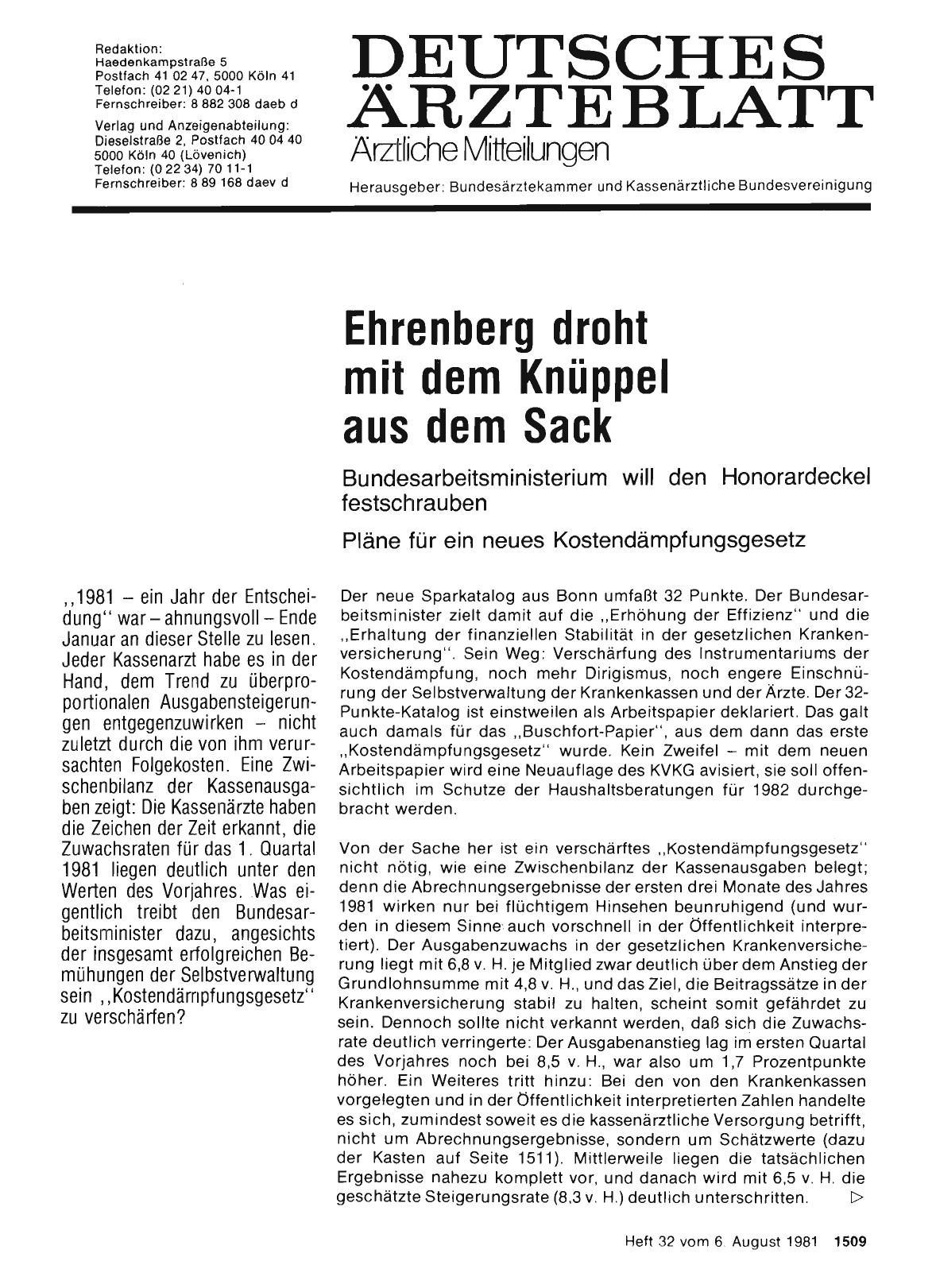 Vorschauseite 1: Ehrenberg droht mit dem Knüppel aus dem Sack