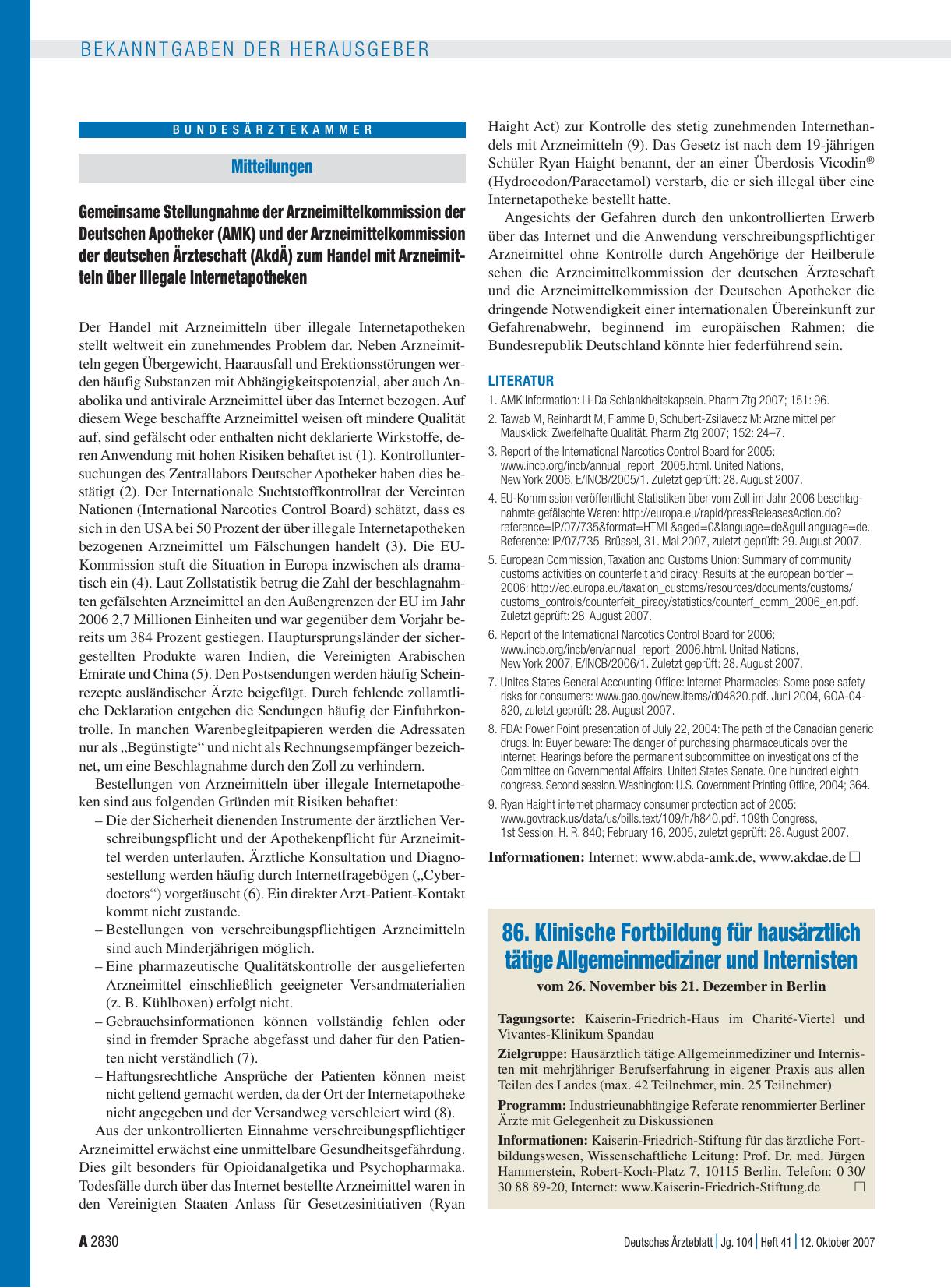 Vorschauseite 1: 86. Klinische Fortbildung für hausärztlich tätige Allgemeinmediziner und Internisten vom 26. November bis 21. Dezember in Berlin