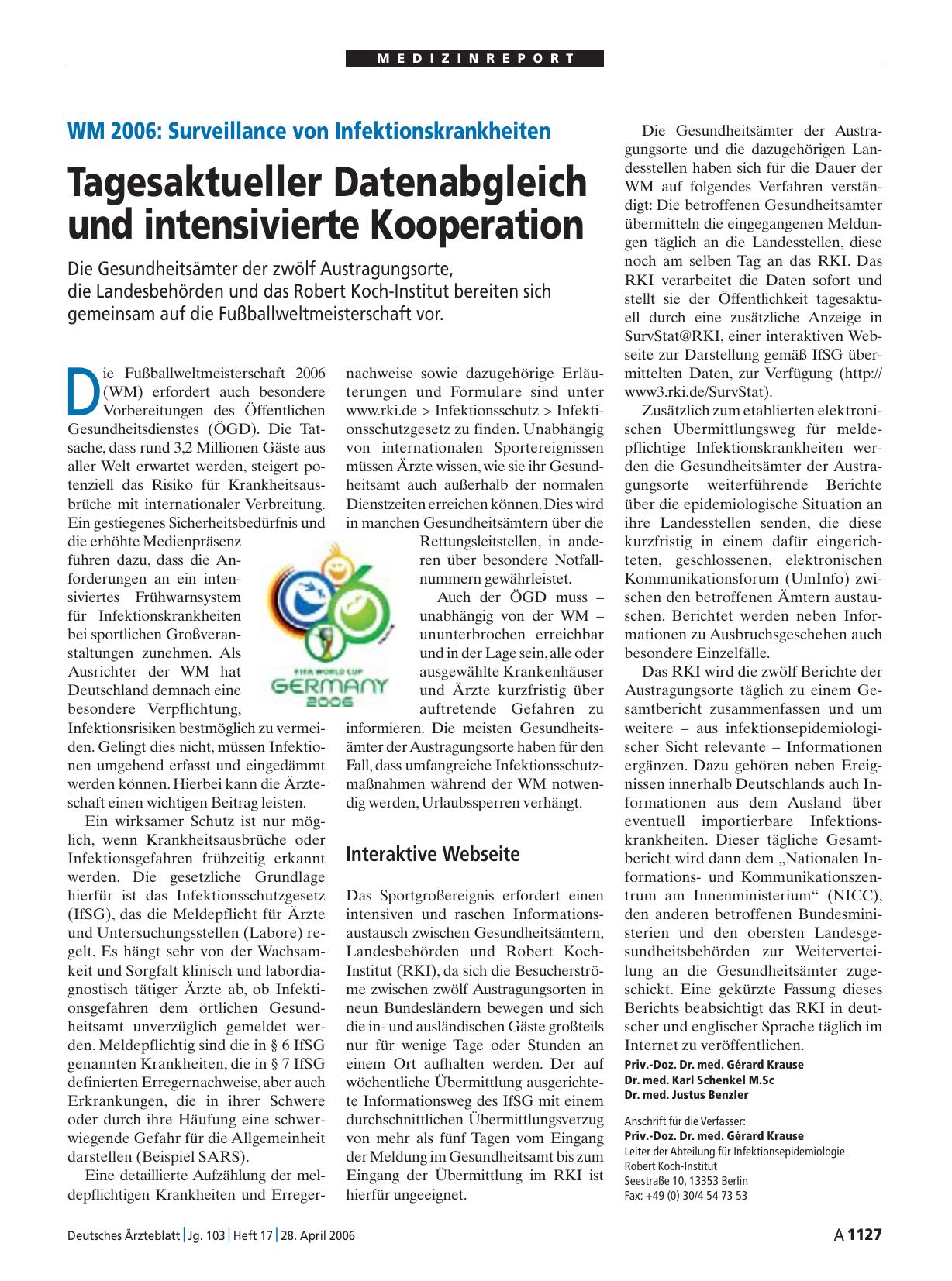 Vorschauseite 1: WM 2006 - Surveillance von Infektionskrankheiten: Tagesaktueller Datenabgleich und intensivierte Kooperation