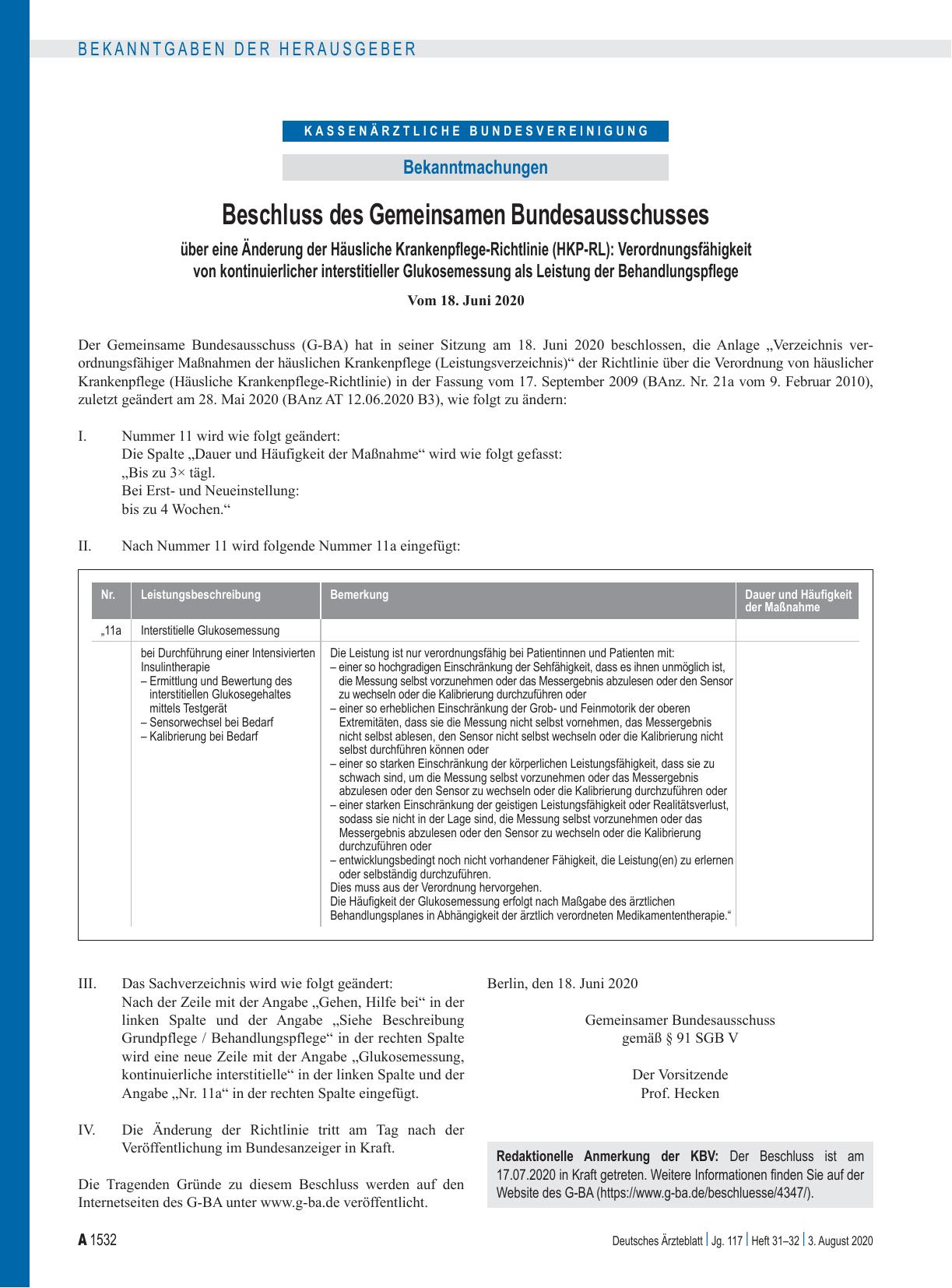 Vorschauseite 1: Beschluss des Gemeinsamen Bundesausschusses über eine Änderung der Häusliche Krankenpflege-Richtlinie (HKP-RL): Verordnungsfähigkeit von kontinuierlicher interstitieller Glukoseme…