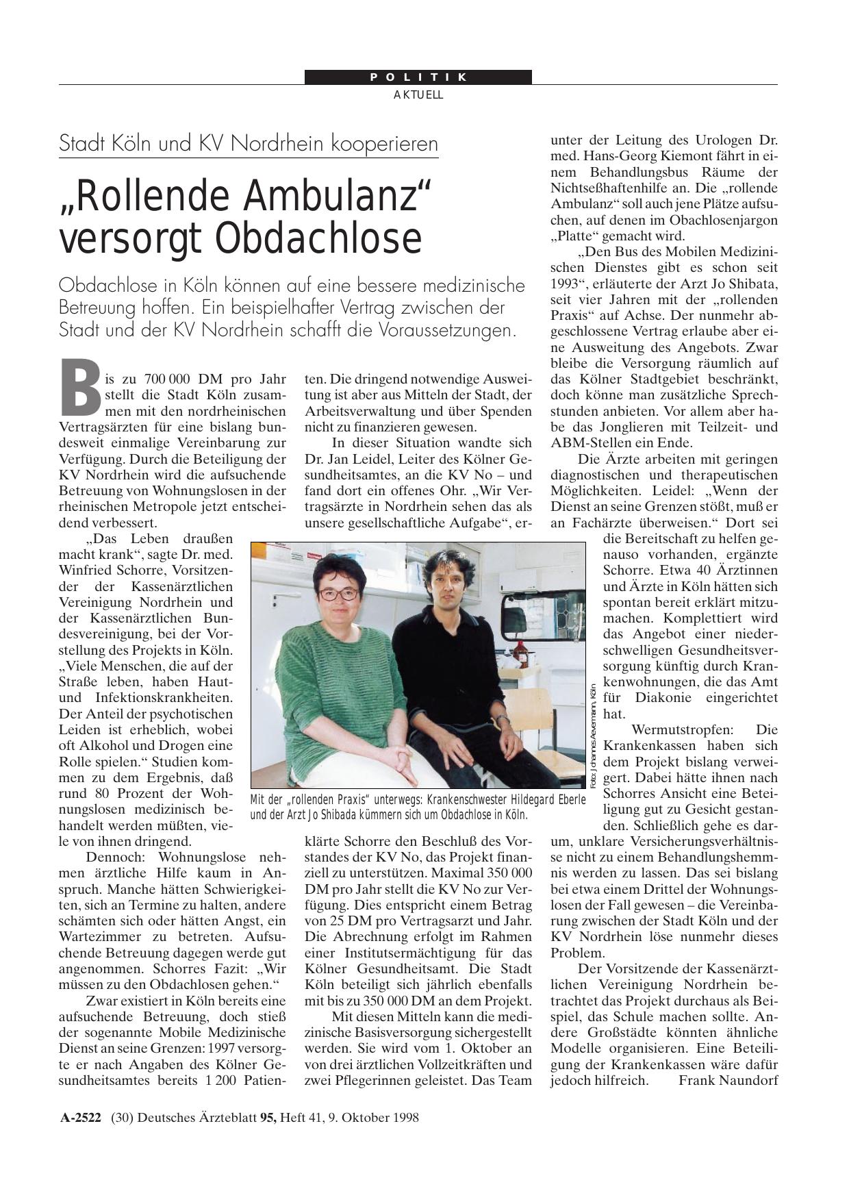 Vorschauseite 1: Stadt Köln und KV Nordrhein kooperieren: „Rollende Ambulanz“ versorgt Obdachlose