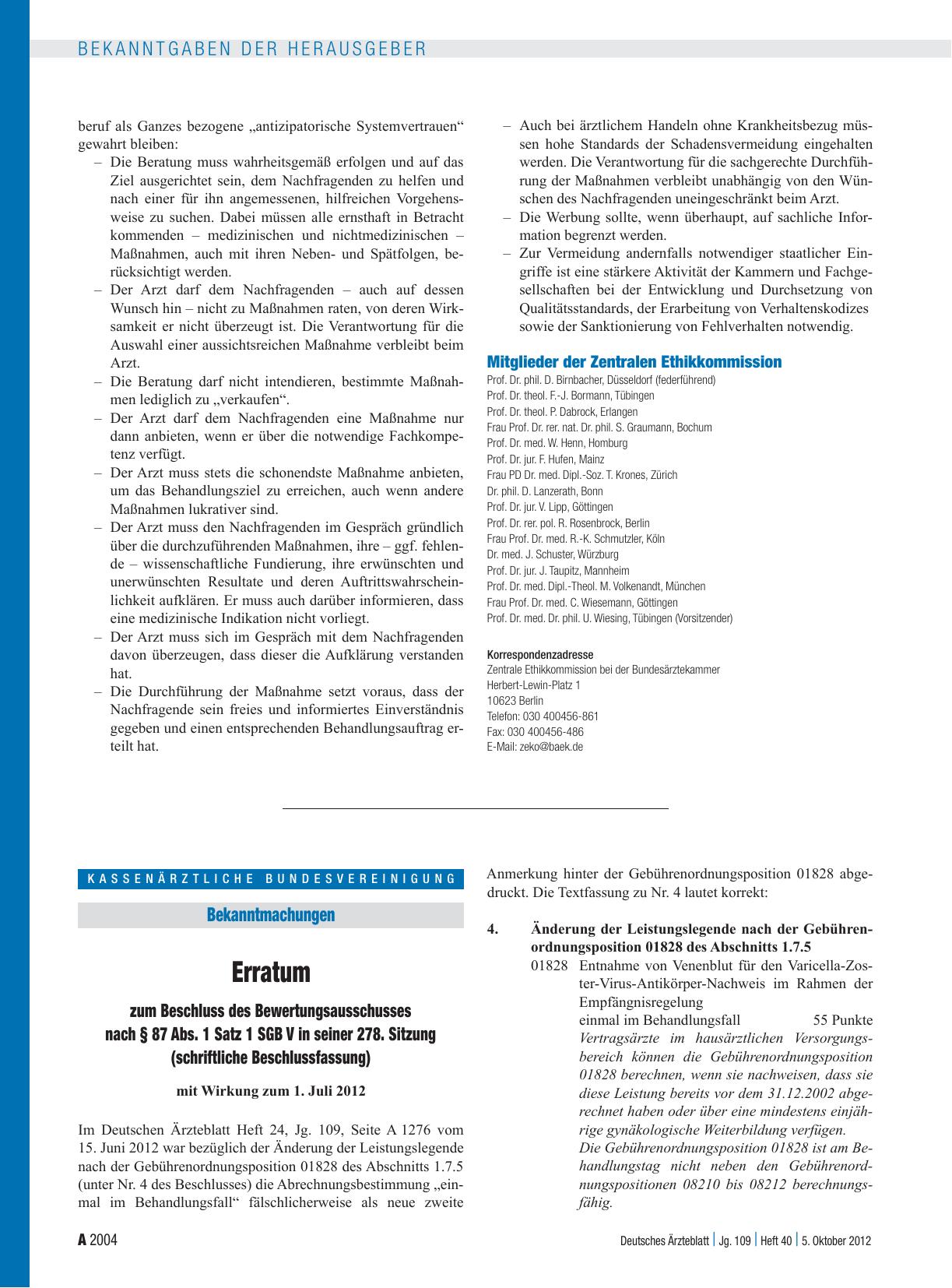 Vorschauseite 1: Erratum zum Beschluss des Bewertungsausschusses nach § 87 Abs. 1 Satz 1 SGB V in seiner 278. Sitzung (schriftliche Beschlussfassung)