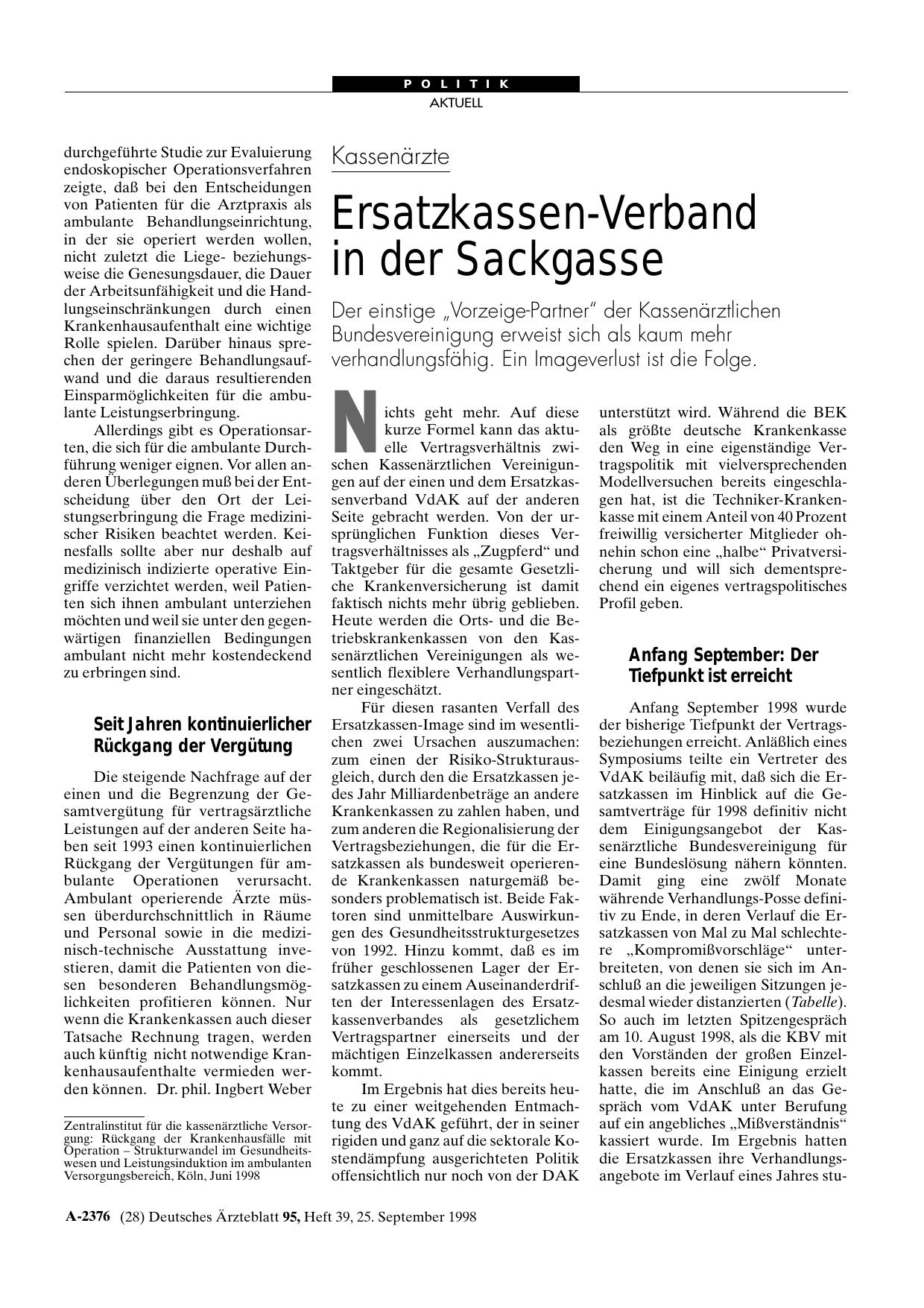 Vorschauseite 1: Kassenärzte: Ersatzkassen-Verband in der Sackgasse