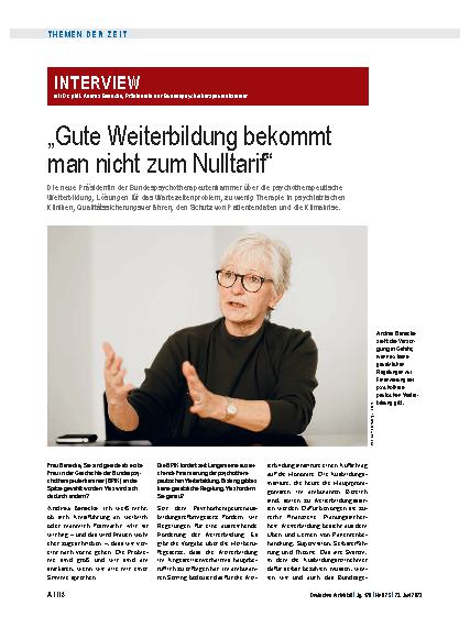 Vorschauseite 1: Interview mit Dr. phil. Andrea Benecke, Präsidentin der Bundespsychotherapeutenkammer: „Gute Weiterbildung bekommt man nicht zum Nulltarif“