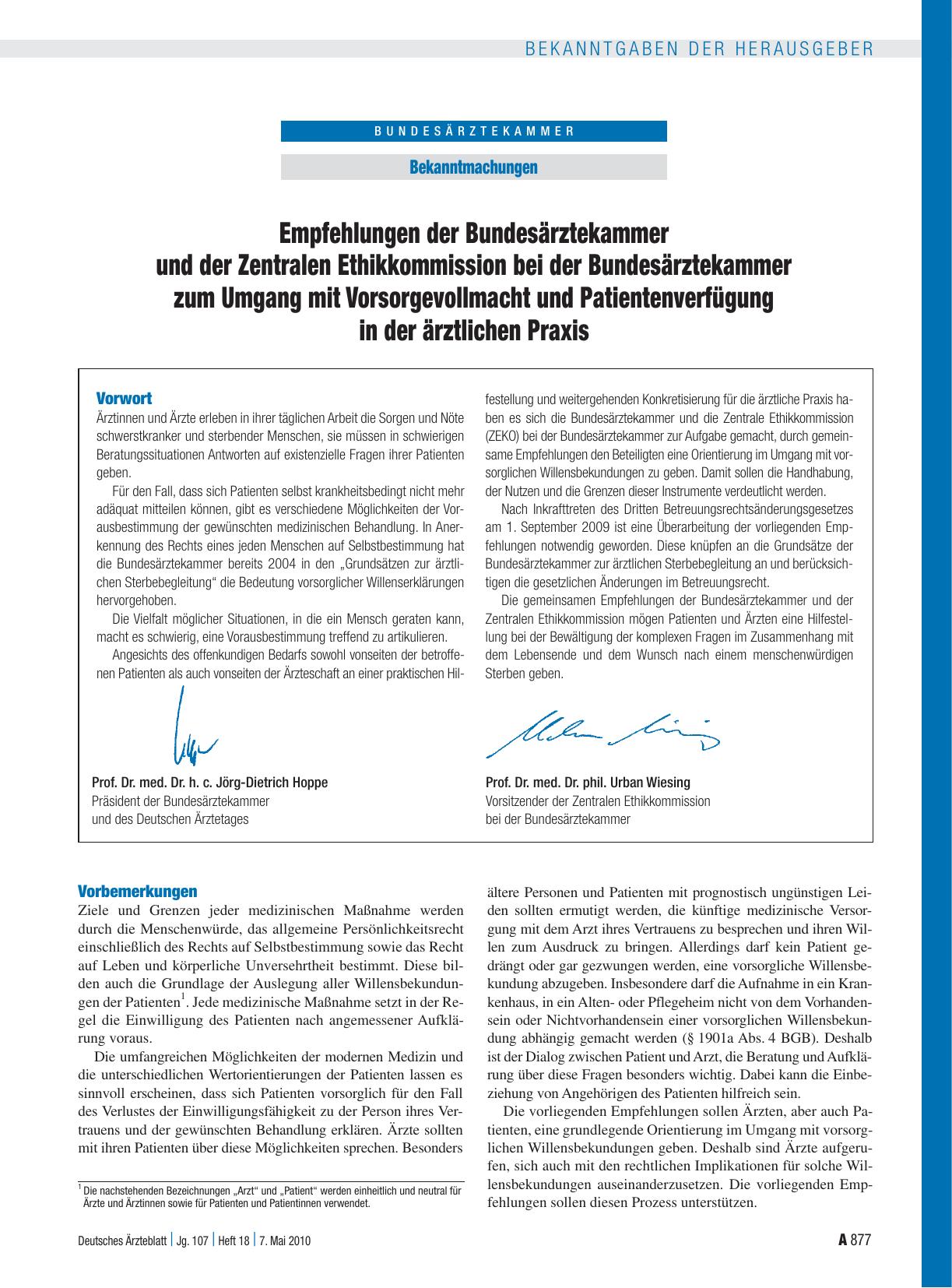 Vorschauseite 1: Bekanntmachungen: Empfehlungen der Bundesärztekammer und der Zentralen Ethikkommission bei der Bundesärztekammer zum Umgang mit Vorsorgevollmacht und Patientenverfügung in der ärz…