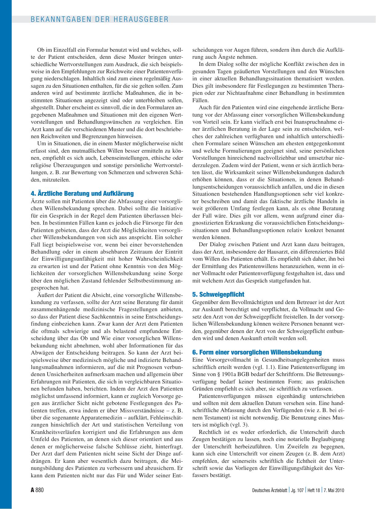Vorschauseite 4: Bekanntmachungen: Empfehlungen der Bundesärztekammer und der Zentralen Ethikkommission bei der Bundesärztekammer zum Umgang mit Vorsorgevollmacht und Patientenverfügung in der ärz…