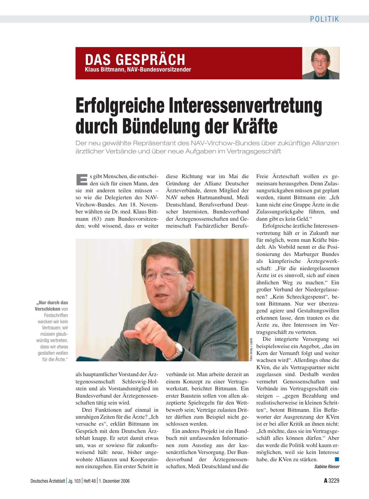 Vorschauseite 1: Das Gespräch: Klaus Bittmann, NAV-Bundesvorsitzender – Erfolgreiche Interessenvertretung durch Bündelung der Kräfte