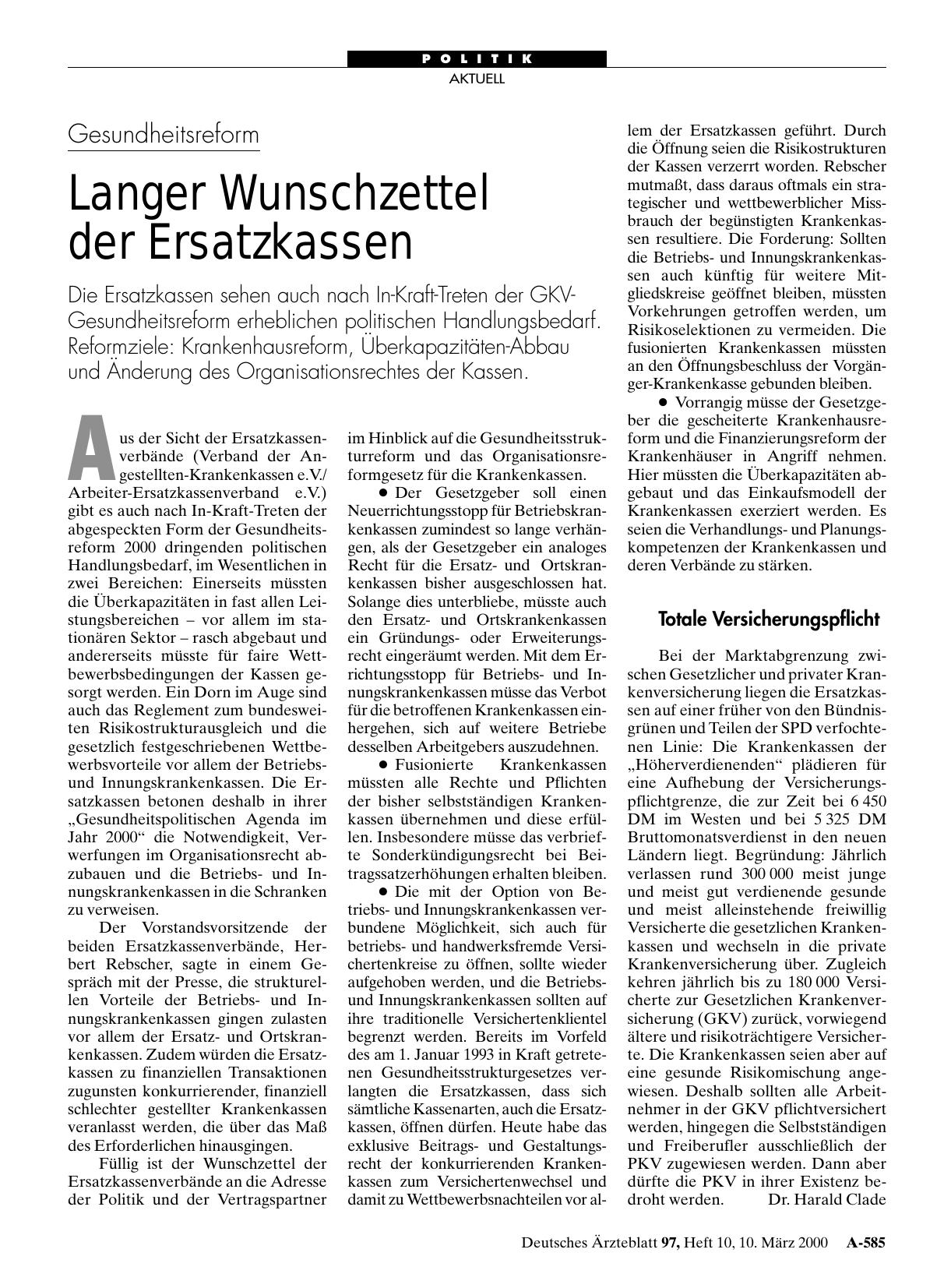 Vorschauseite 1: Gesundheitsreform: Langer Wunschzettel der Ersatzkassen