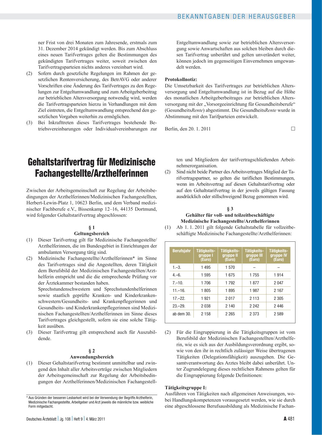 Vorschauseite 1: Gehaltstarifvertrag für Medizinische Fachangestellte/Arzthelferinnen