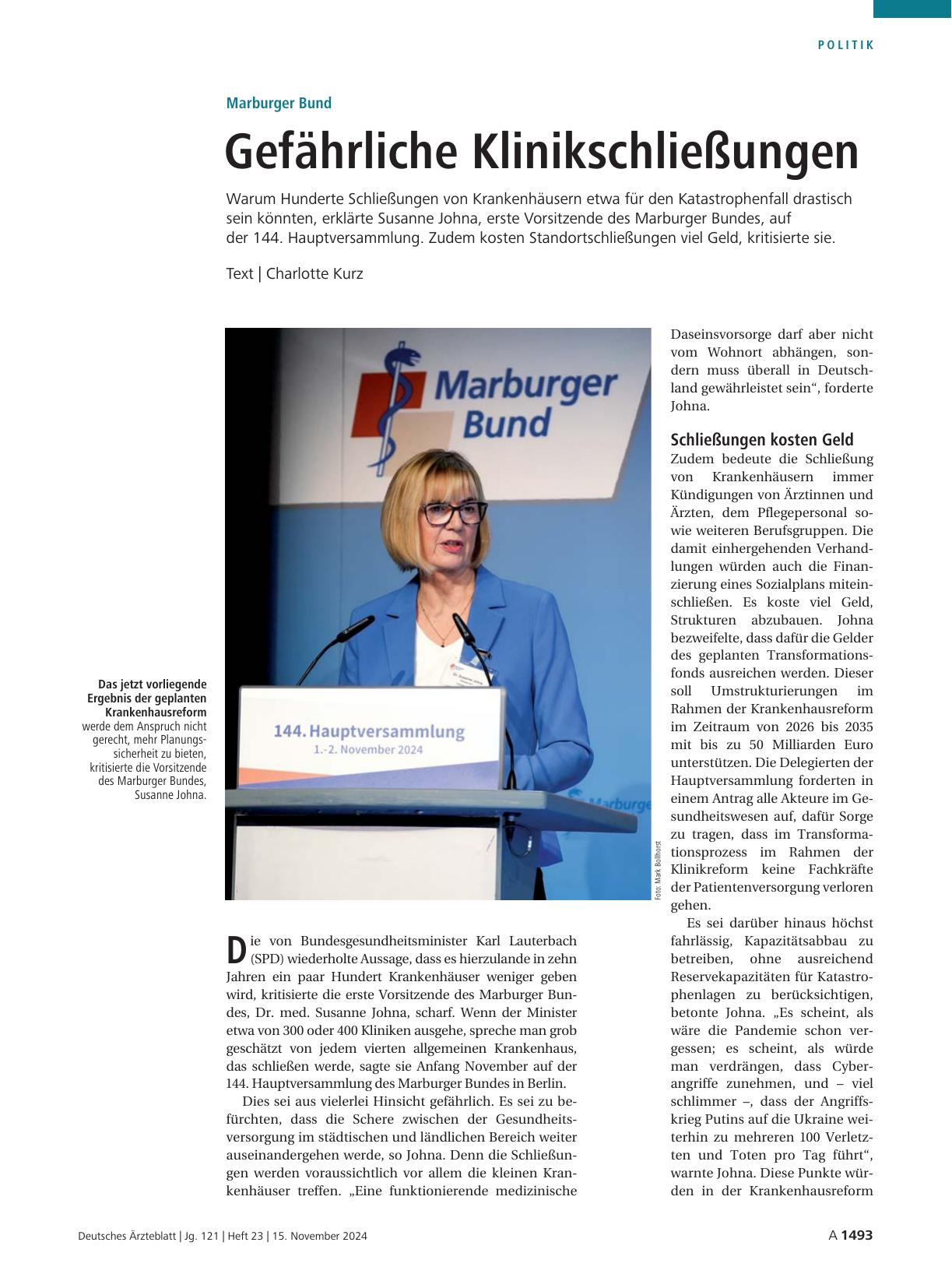 Vorschauseite 1: Marburger Bund: Gefährliche Klinikschließungen