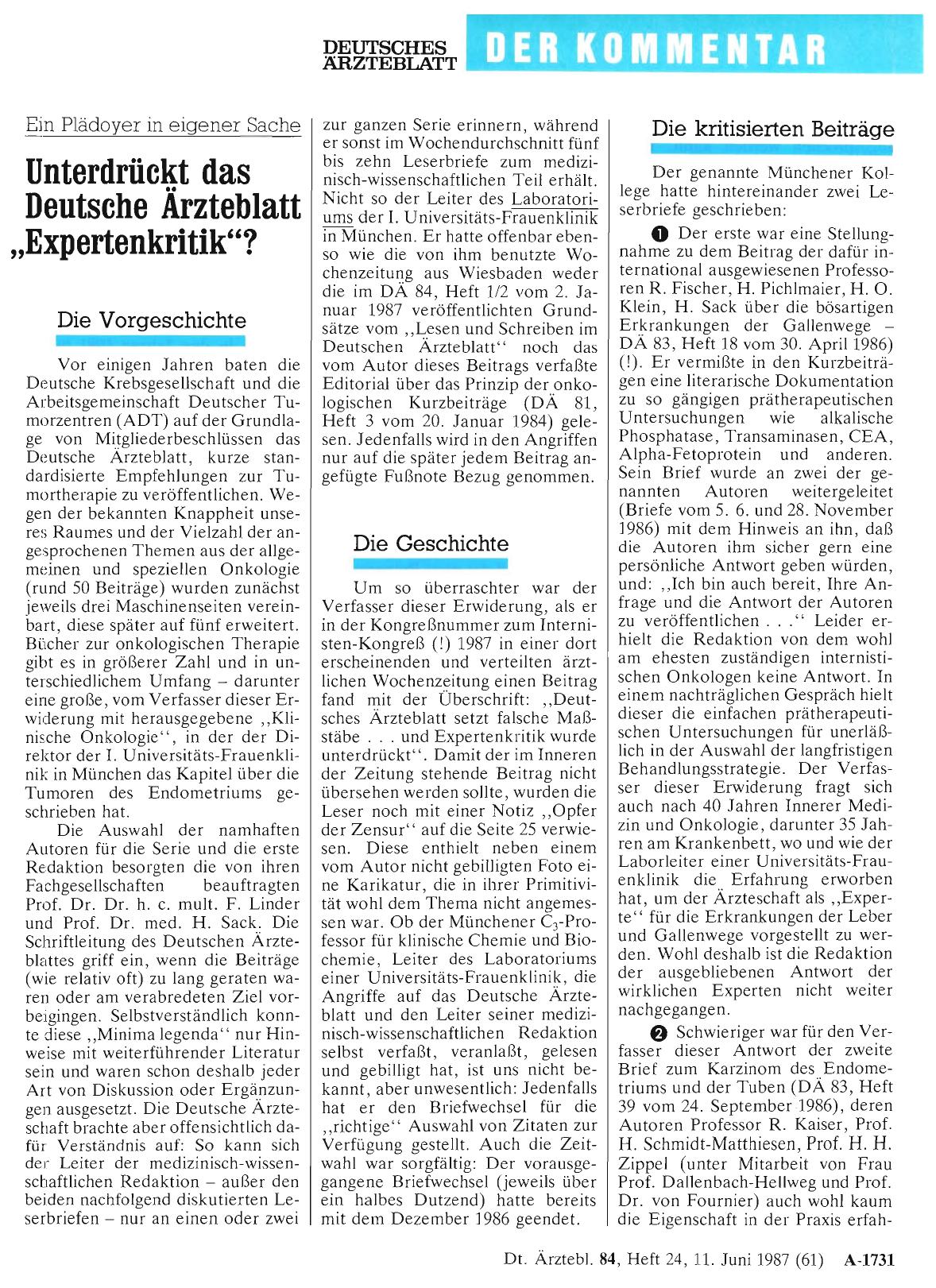 Vorschauseite 1: Unterdrückt das Deutsche Ärzteblatt „Expertenkritik“? Ein Plädoyer in eigener Sache