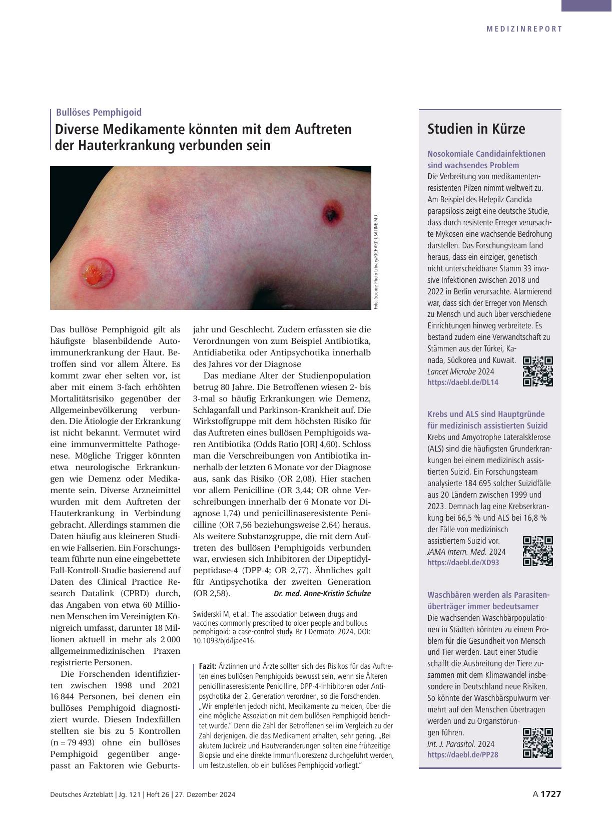 Vorschauseite 1: Bullöses Pemphigoid: Diverse Medikamente könnten mit dem Auftreten der Hauterkrankung verbunden sein.