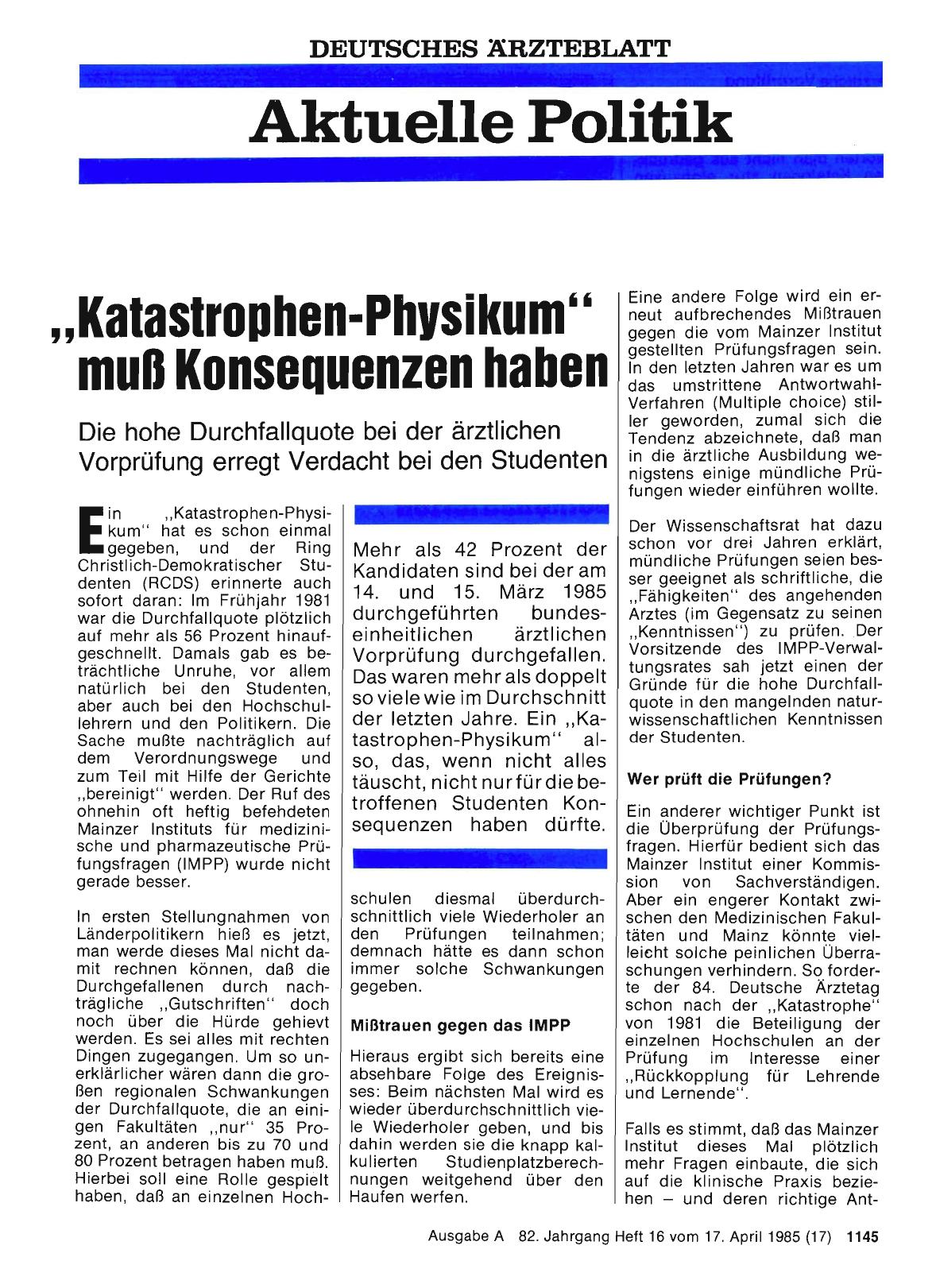 Vorschauseite 1: „Katastrophen-Physikum„ muß Konsequenzen haben