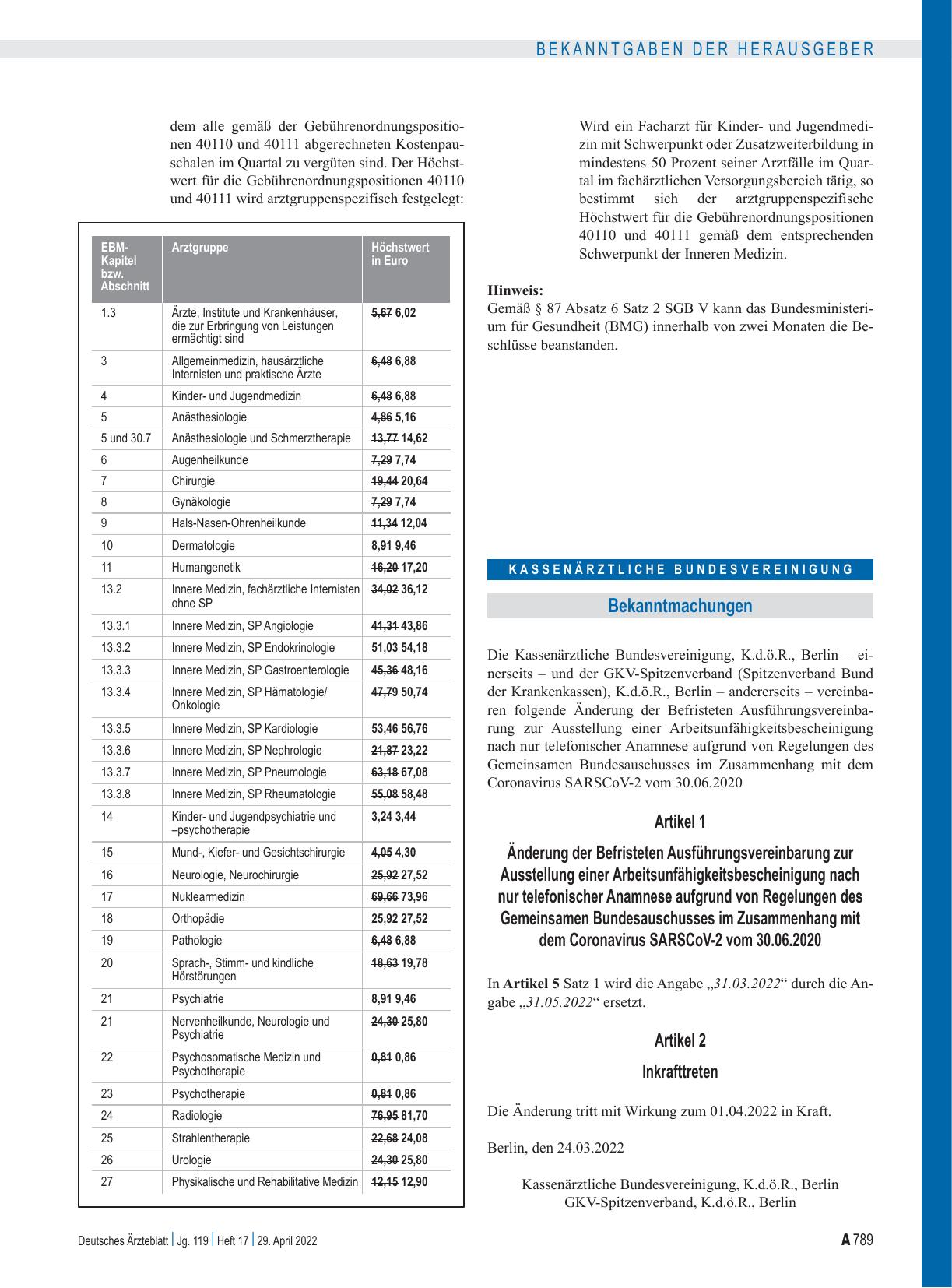 Vorschauseite 1: Änderung der Befristeten Ausführungsvereinbarung zur Ausstellung einer Arbeitsunfähigkeitsbescheinigung nach nur telefonischer Anamnese aufgrund von Regelungen des Gemeinsamen Bun…