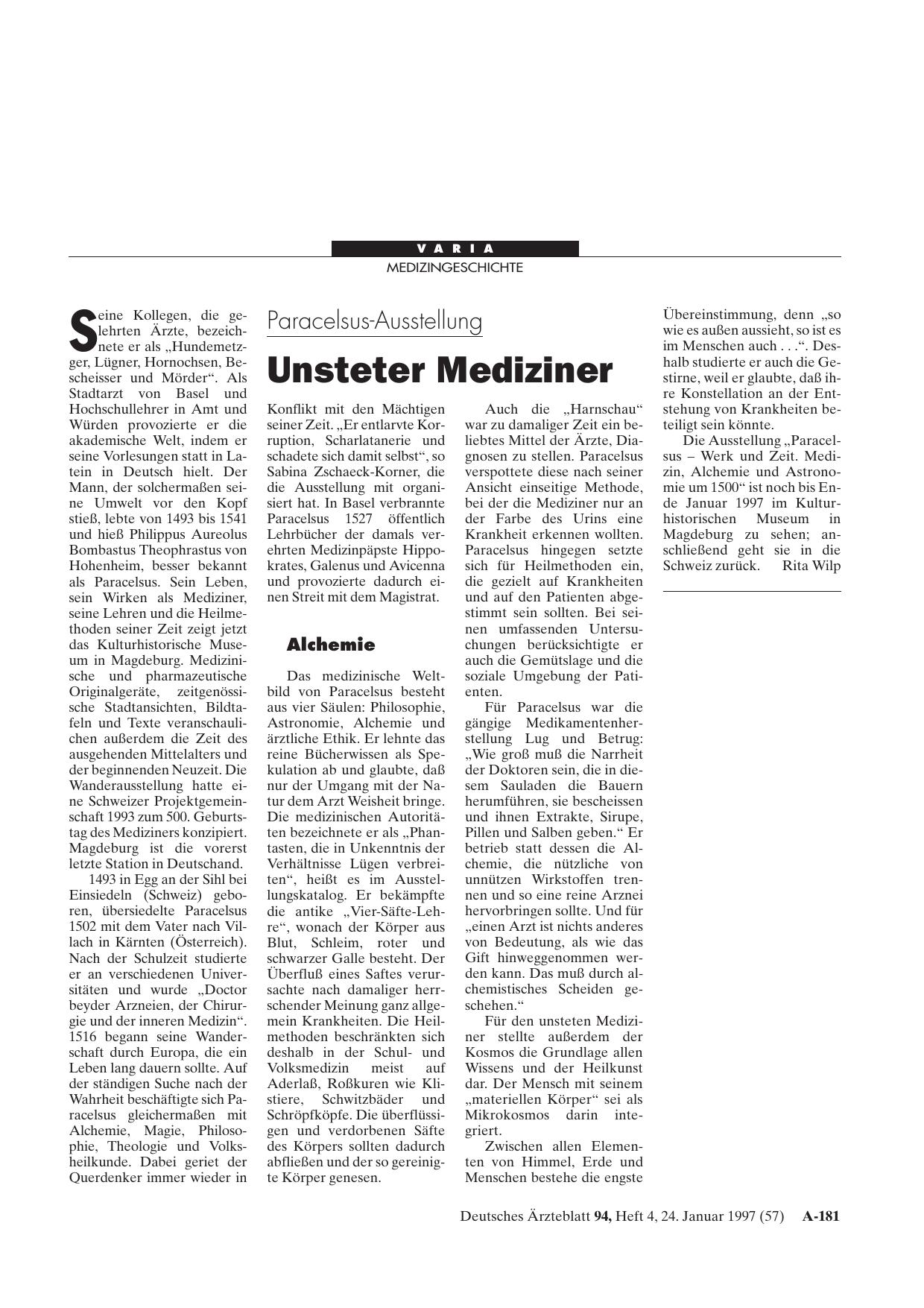 Vorschauseite 1: Paracelsus-Ausstellung: Unsteter Mediziner