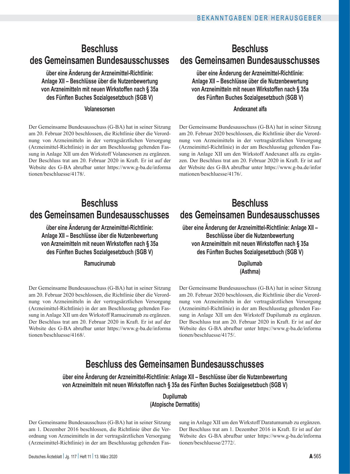 Vorschauseite 1: Beschluss des Gemeinsamen Bundesausschusses über eine Änderung der Arzneimittel-Richtlinie: Anlage XII – Dupilumab (Atopische Dermatitis)