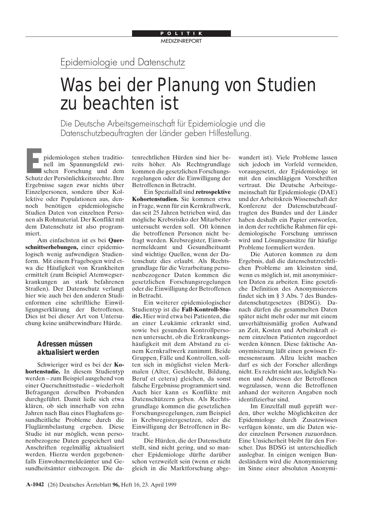 Vorschauseite 1: Epidemiologie und Datenschutz: Was bei der Planung von Studien zu beachten ist