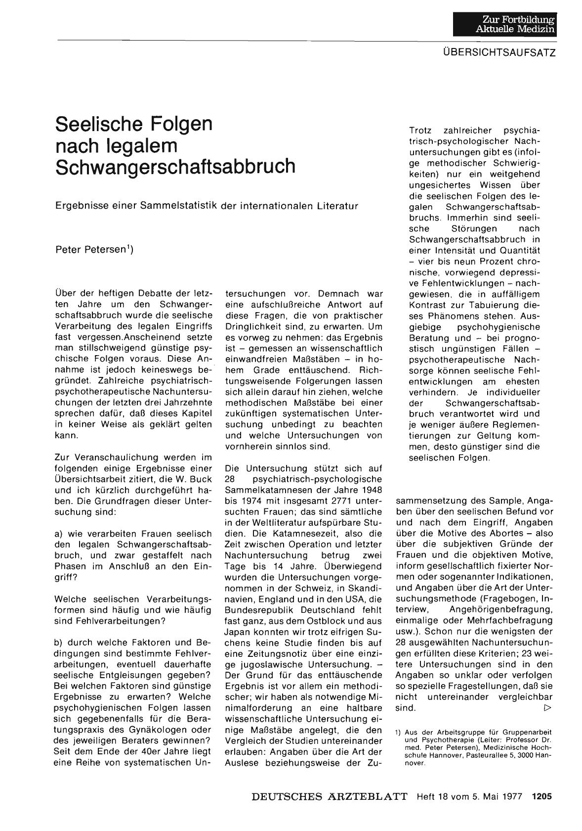 Vorschauseite 1: Seelische Folgen nach legalem Schwangerschaftsabbruch: Ergebnisse einer Sammelstatistik der internationalen Literatur