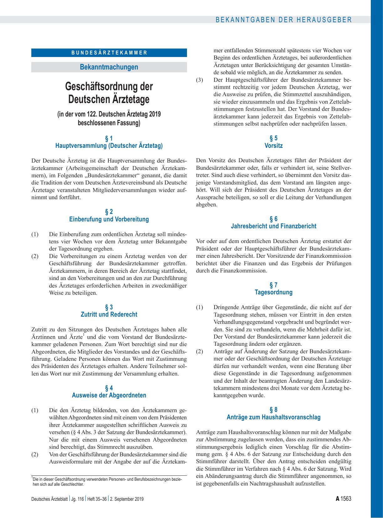 Vorschauseite 1: Geschäftsordnung der Deutschen Ärztetage (in der vom 122. Deutschen Ärztetag 2019 beschlossenen Fassung)