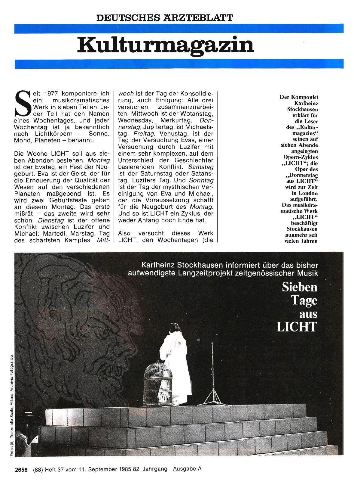 Vorschauseite 1: Karlheinz Stockhausen informiert über das bisher aufwendigste Langzeitprojekt zeitgenössischer Musik: Sieben Tage aus LICHT