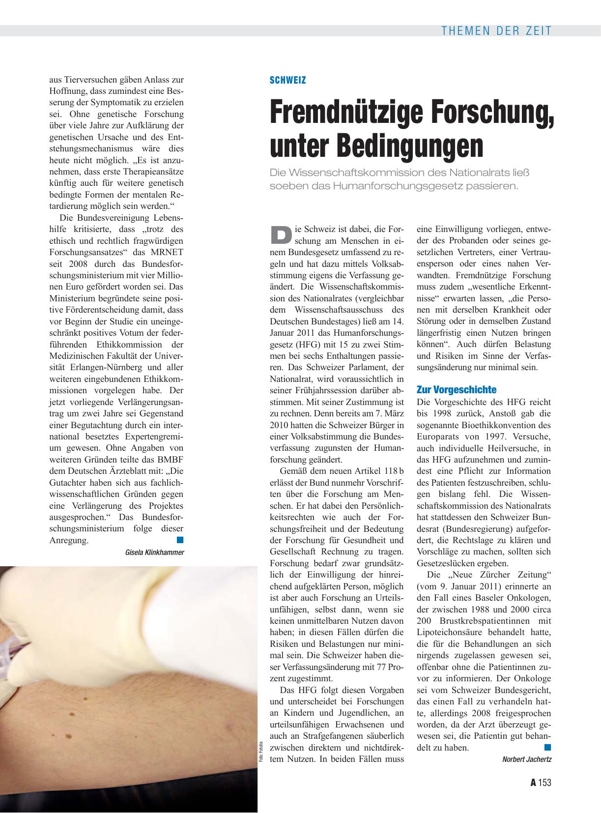 Vorschauseite 1: Schweiz: Fremdnützige Forschung, unter Bedingungen