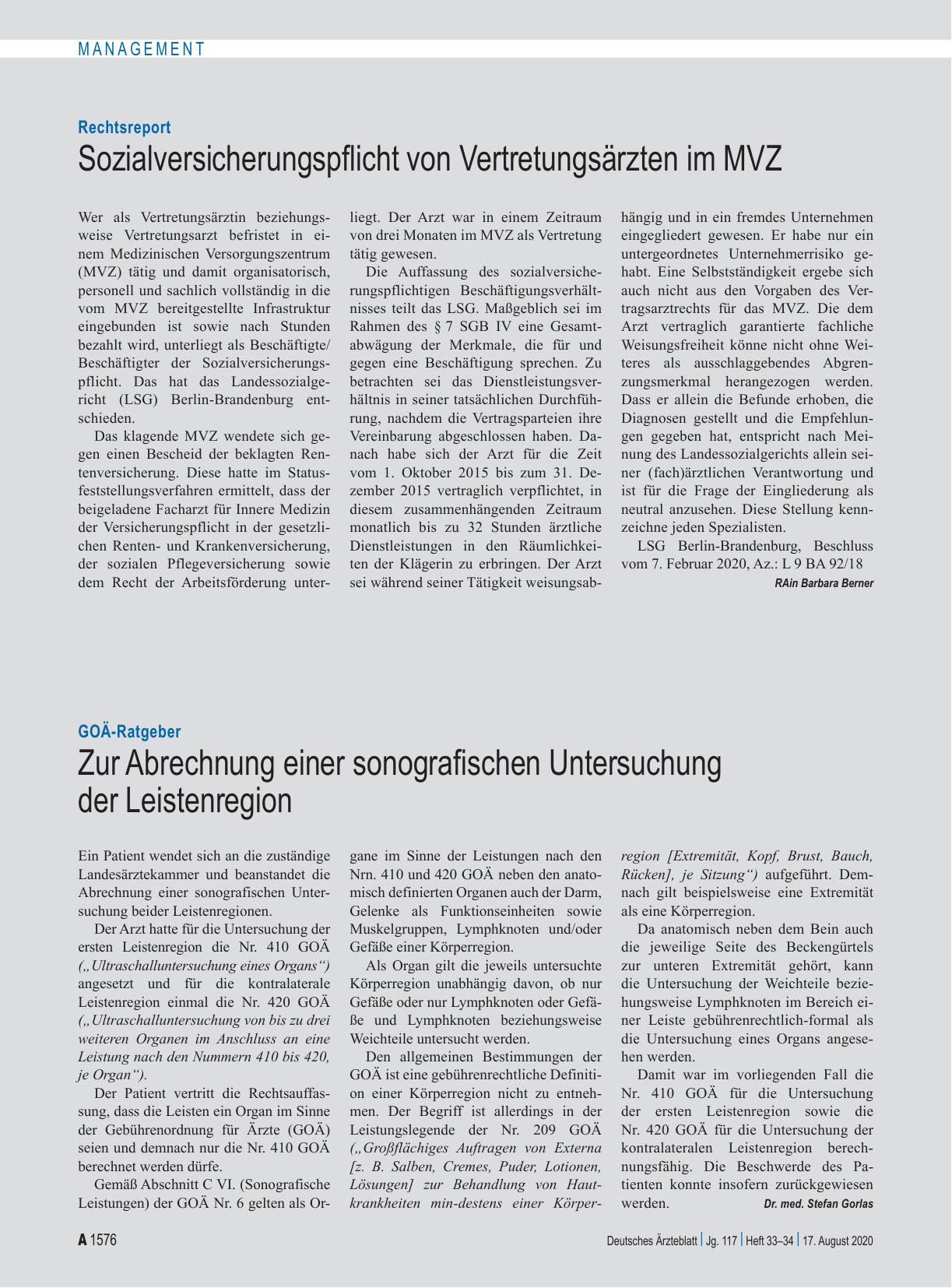 Vorschauseite 1: GOÄ-Ratgeber: Zur Abrechnung einer sonografischen Untersuchung der Leistenregion