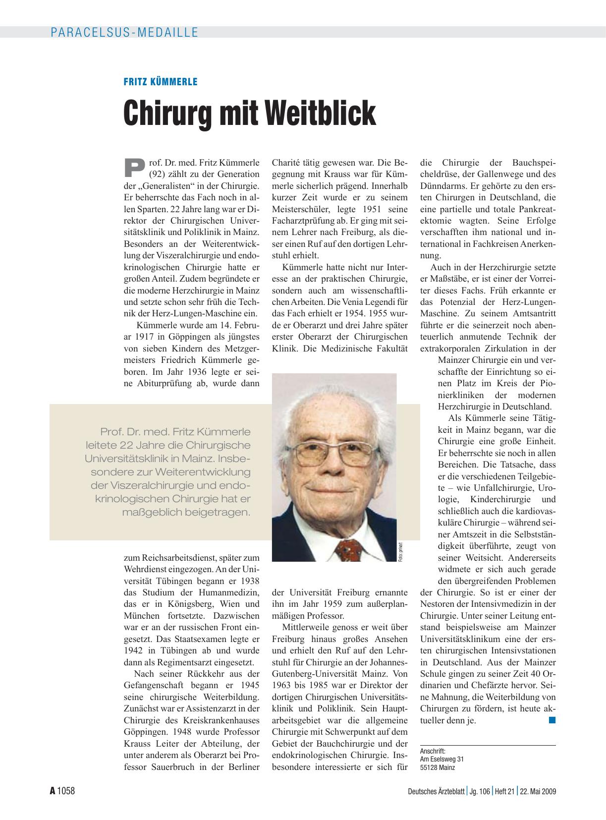 Vorschauseite 1: Fritz Kümmerle: Chirurg mit Weitblick