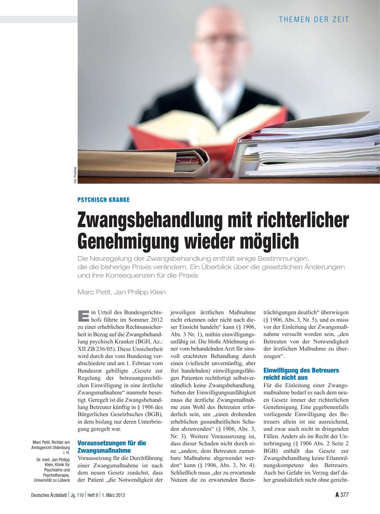 Vorschauseite 1: Psychisch Kranke: Zwangsbehandlung mit richterlicher Genehmigung wieder möglich