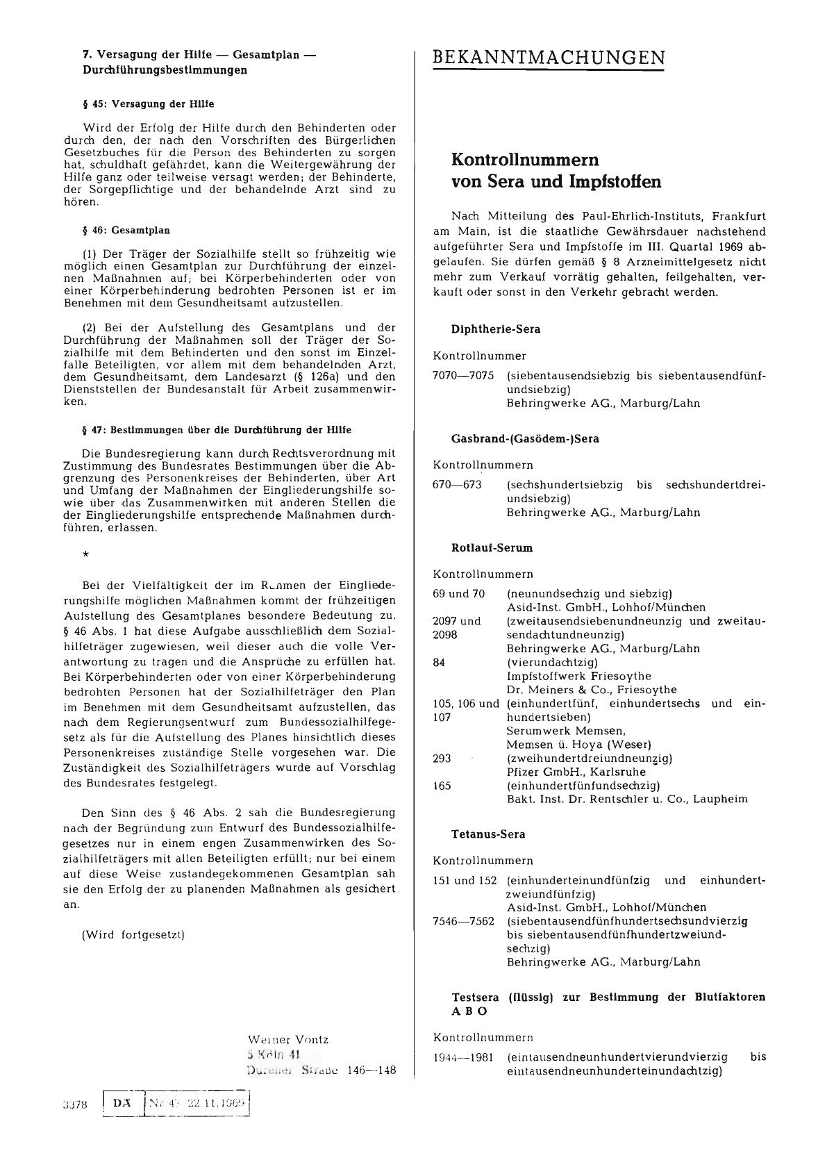 Vorschauseite 1: Kontrollnummern von Sera und Impfstoffen