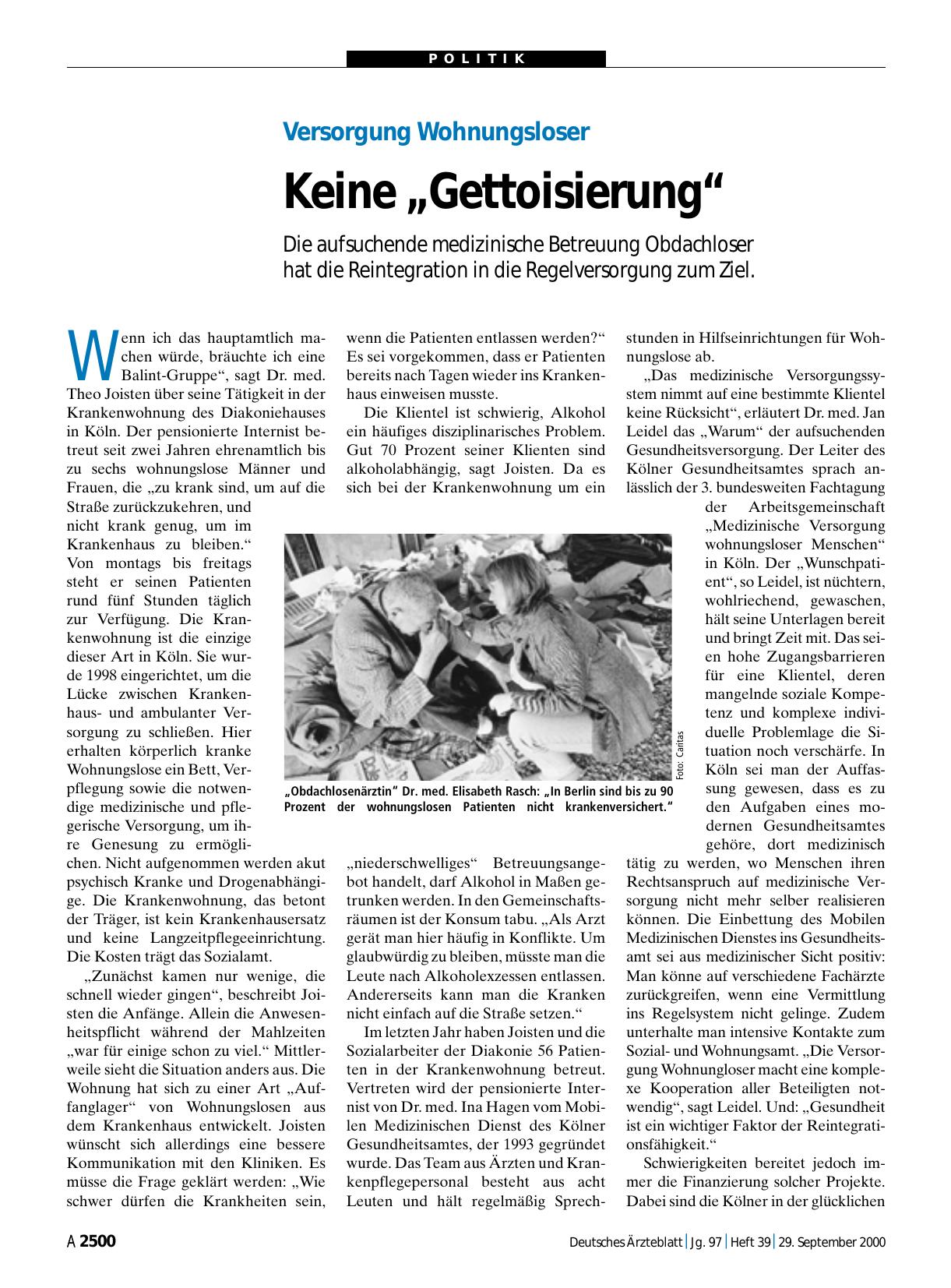 Vorschauseite 1: Versorgung Wohnungsloser: Keine „Gettoisierung“