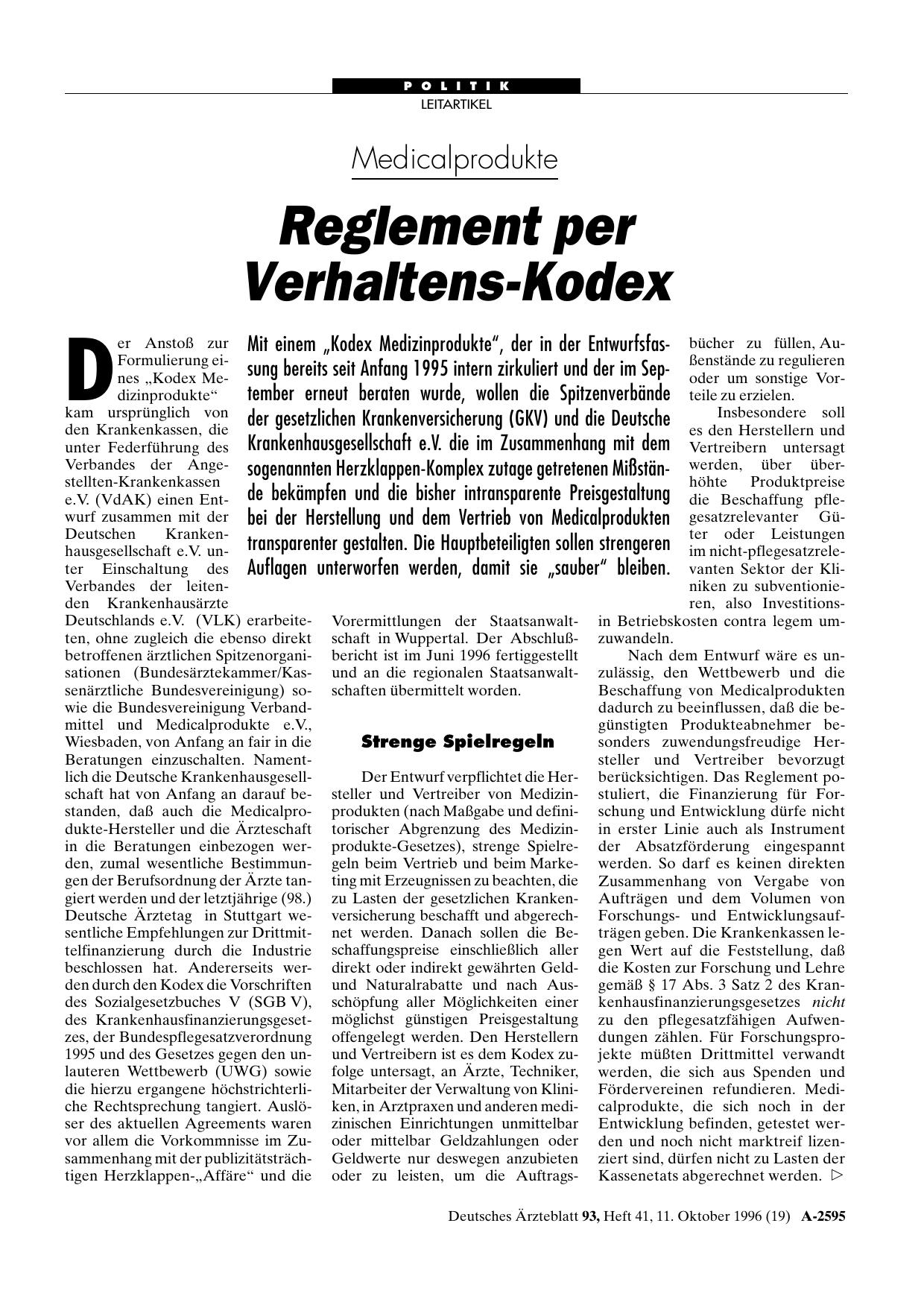 Vorschauseite 1: Medicalprodukte: Reglement per Verhaltens-Kodex