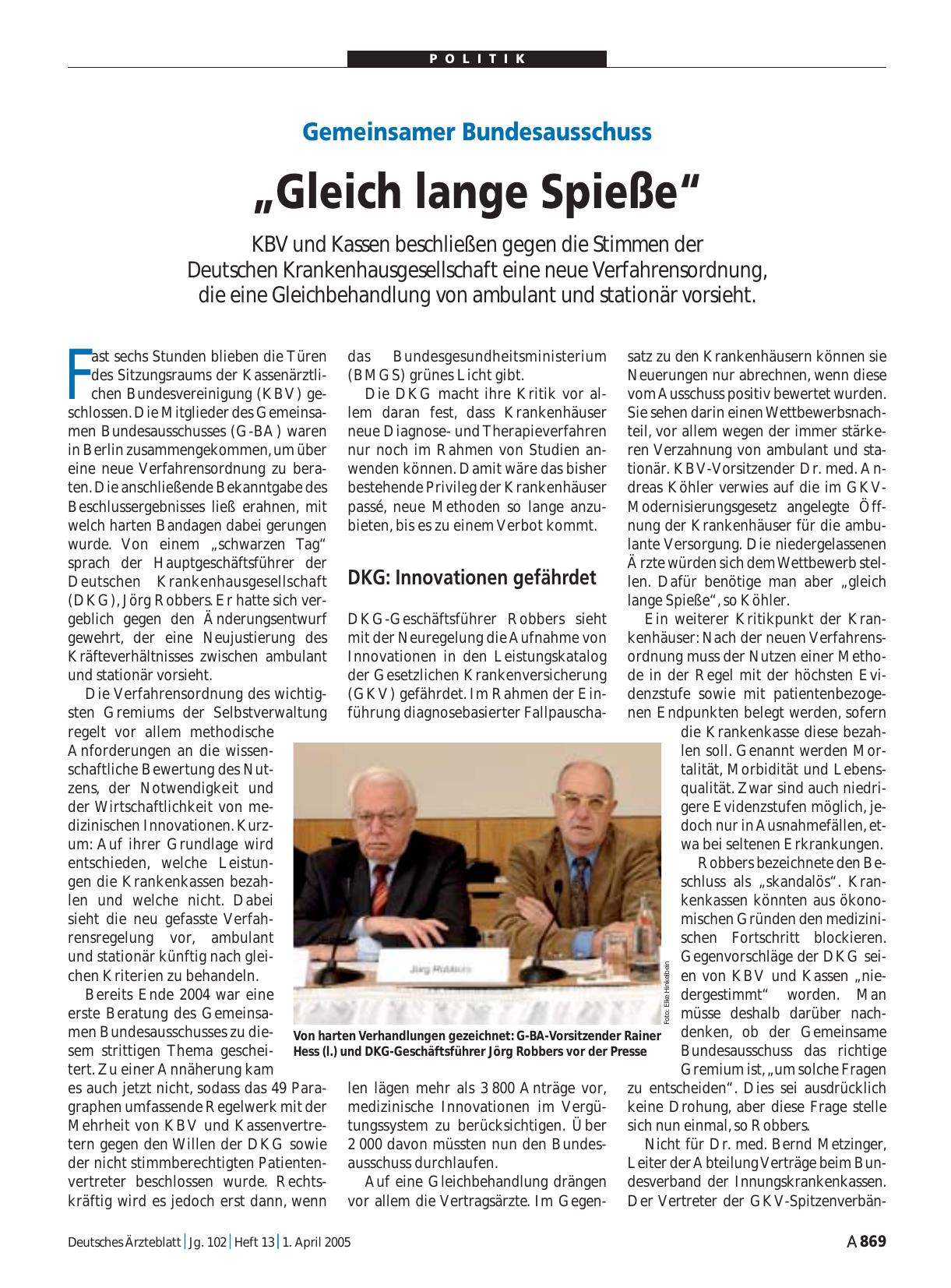 Vorschauseite 1: Gemeinsamer Bundesausschuss: „Gleich lange Spieße“