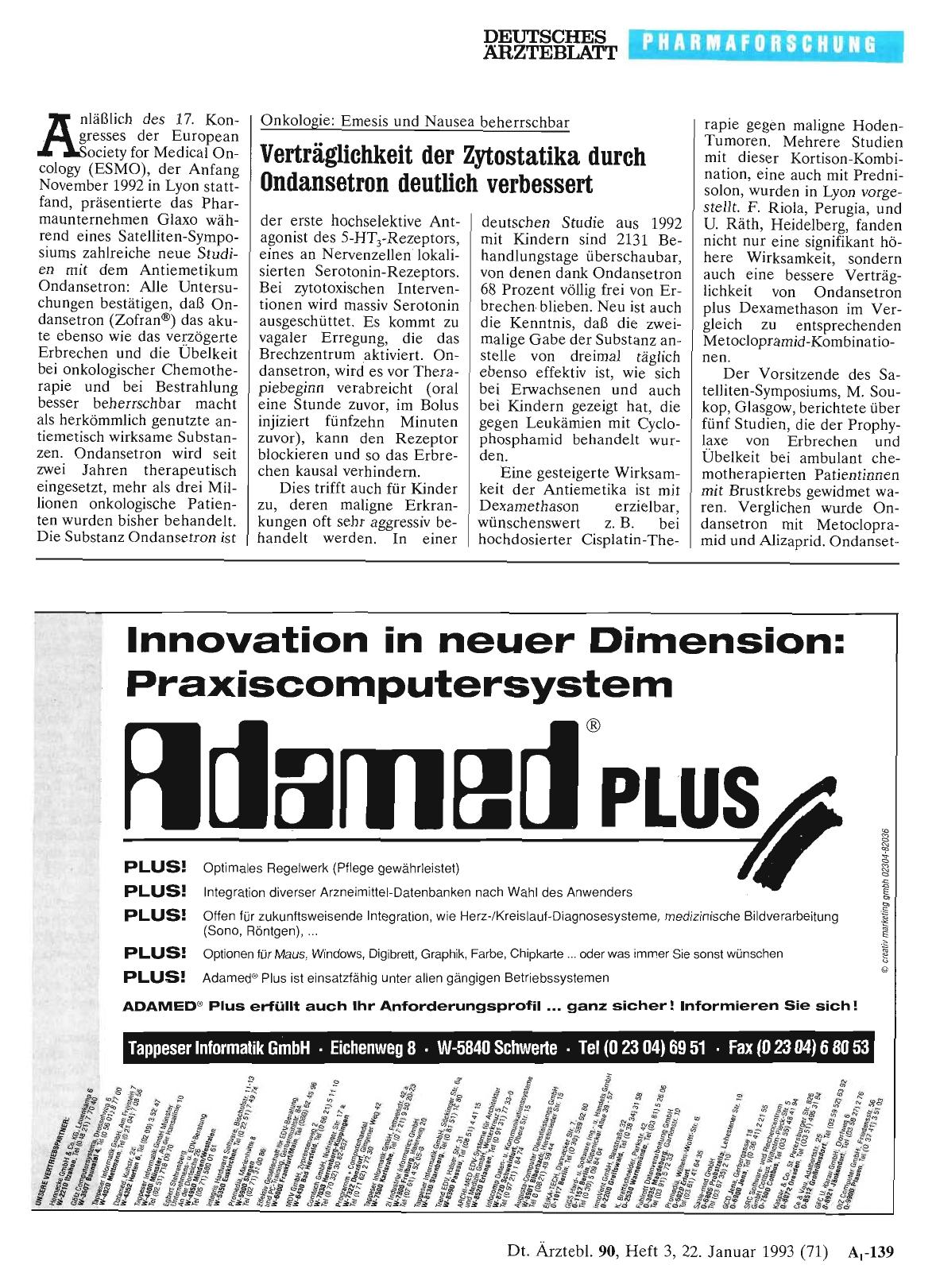 Vorschauseite 1: Onkologie: Emesis und Nausea beherrschbar: Verträglichkeit der Zytostatika durch Ondansetron deutlich verbessert