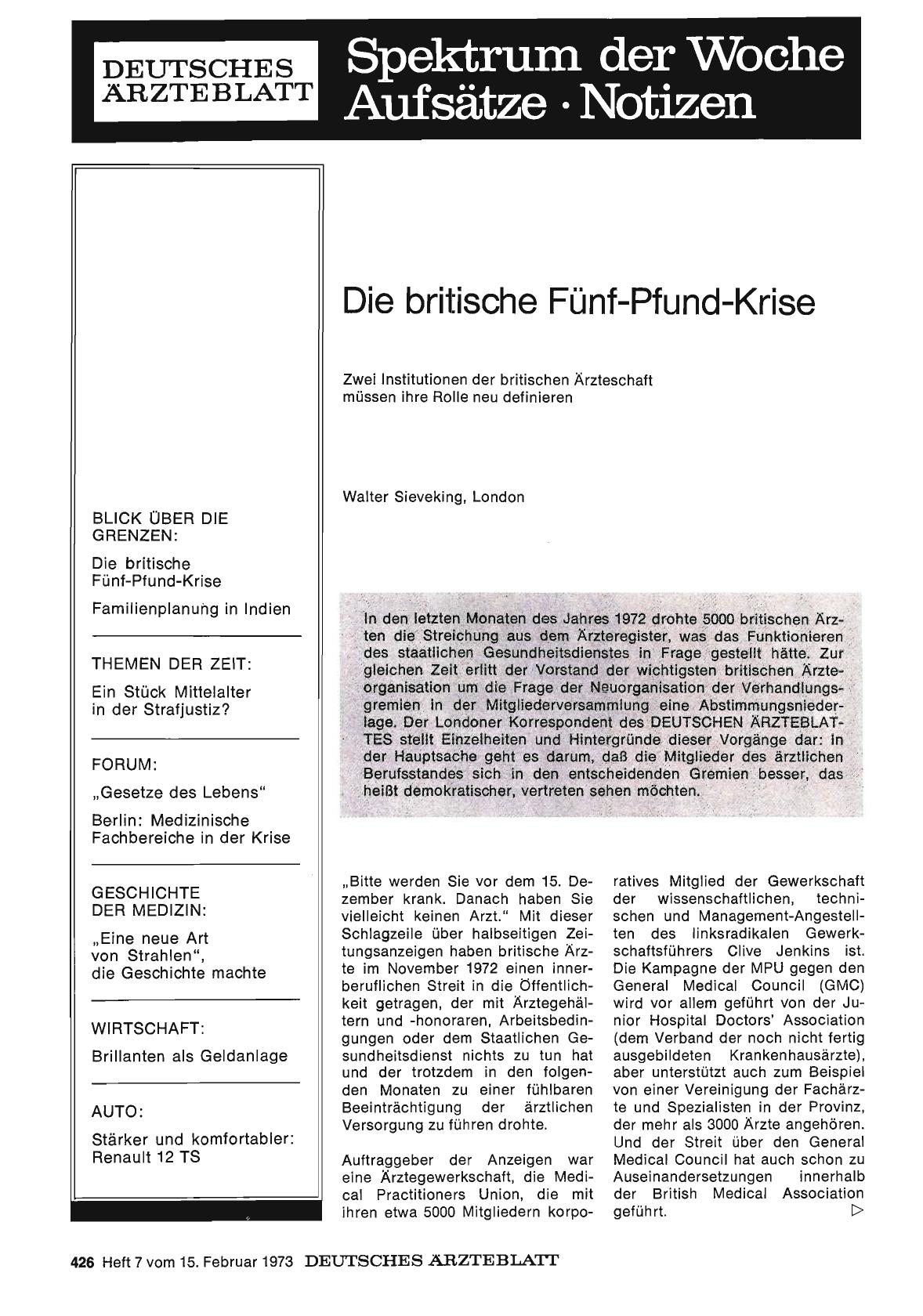 Vorschauseite 1: Die britische Fünf-Pfund-Krise: Zwei Institutionen der britischen Ärzteschaft müssen ihre Rolle neu definieren