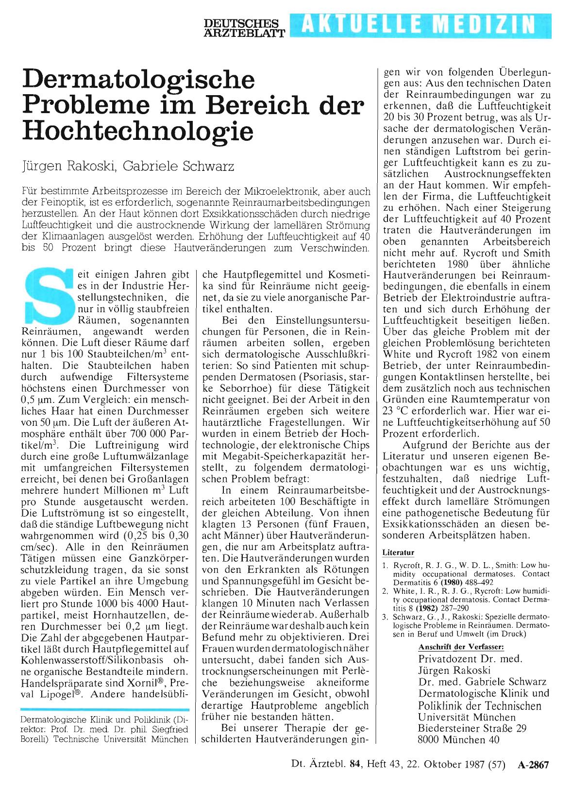 Vorschauseite 1: Dermatologische Probleme im Bereich der Hochtechnologie
