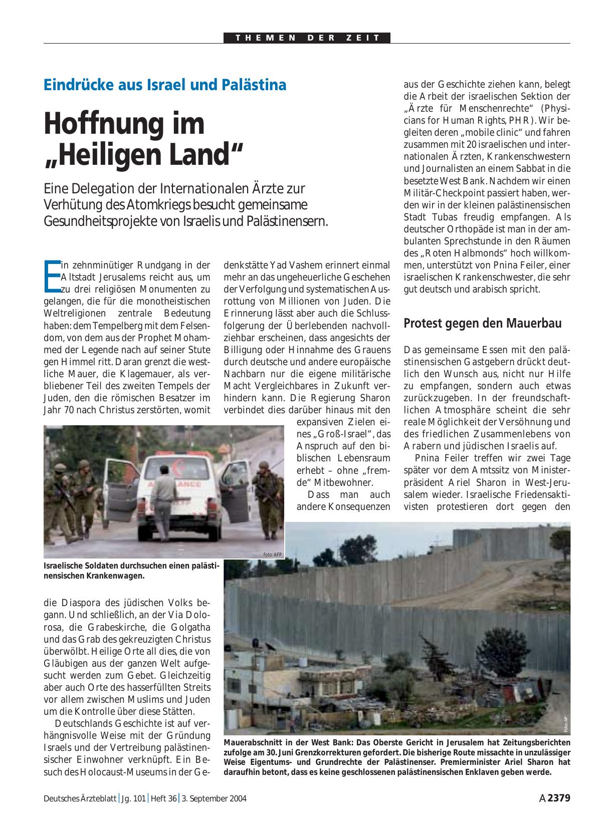 Vorschauseite 1: Eindrücke aus Israel und Palästina: Hoffnung im „Heiligen Land“