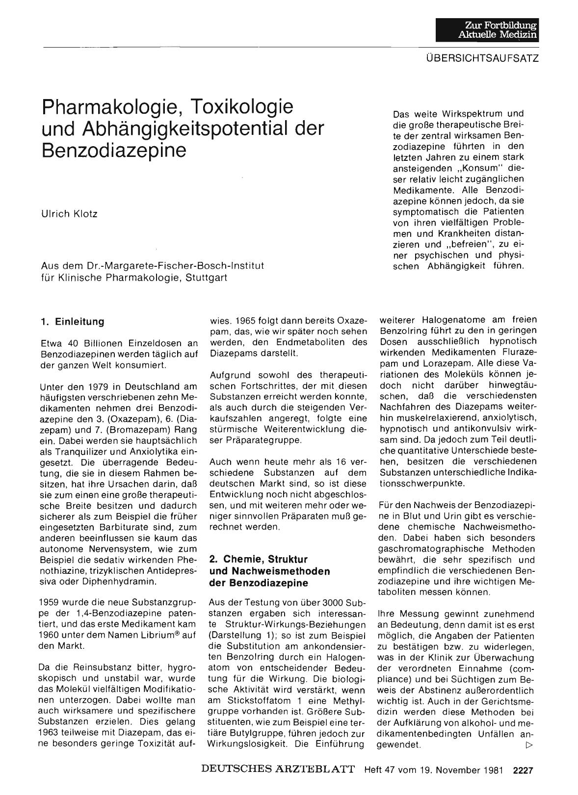 Vorschauseite 1: Pharmakologie, Toxikologie und Abhängigkeitspotential der Benzodiazepine