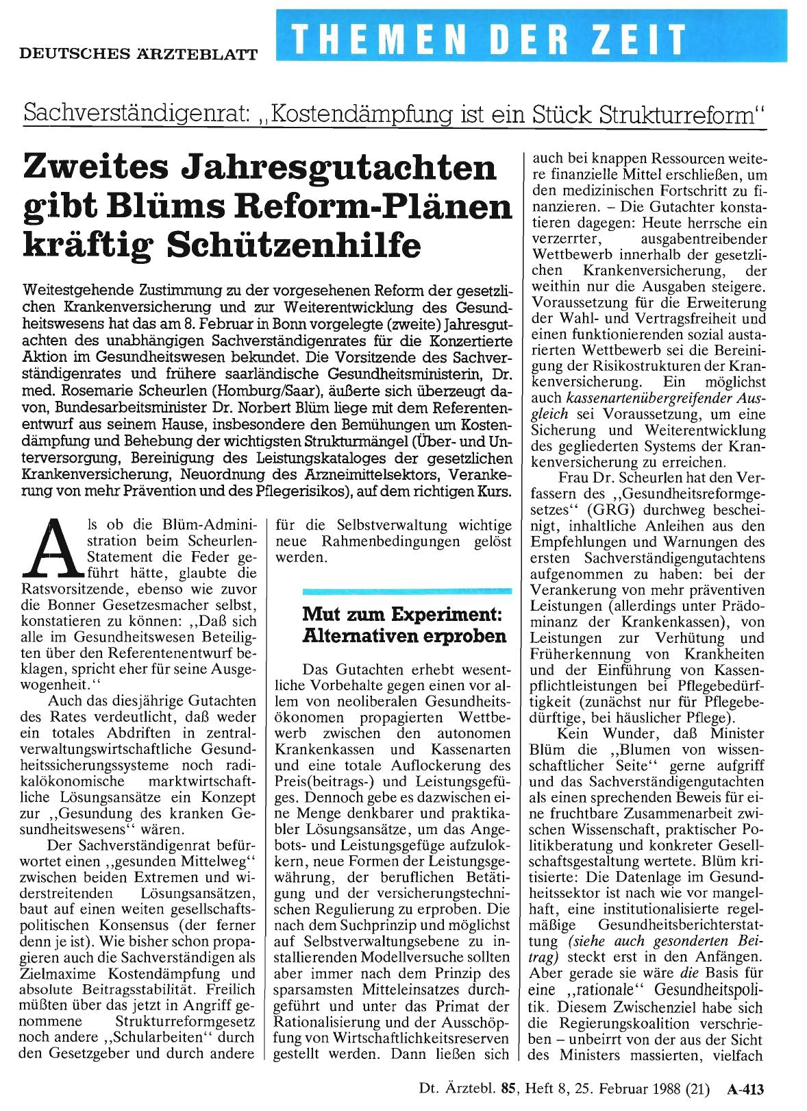 Vorschauseite 1: Zweites Jahresgutachten gibt Blüms Reform-Plänen kräftig Schützenhilfe