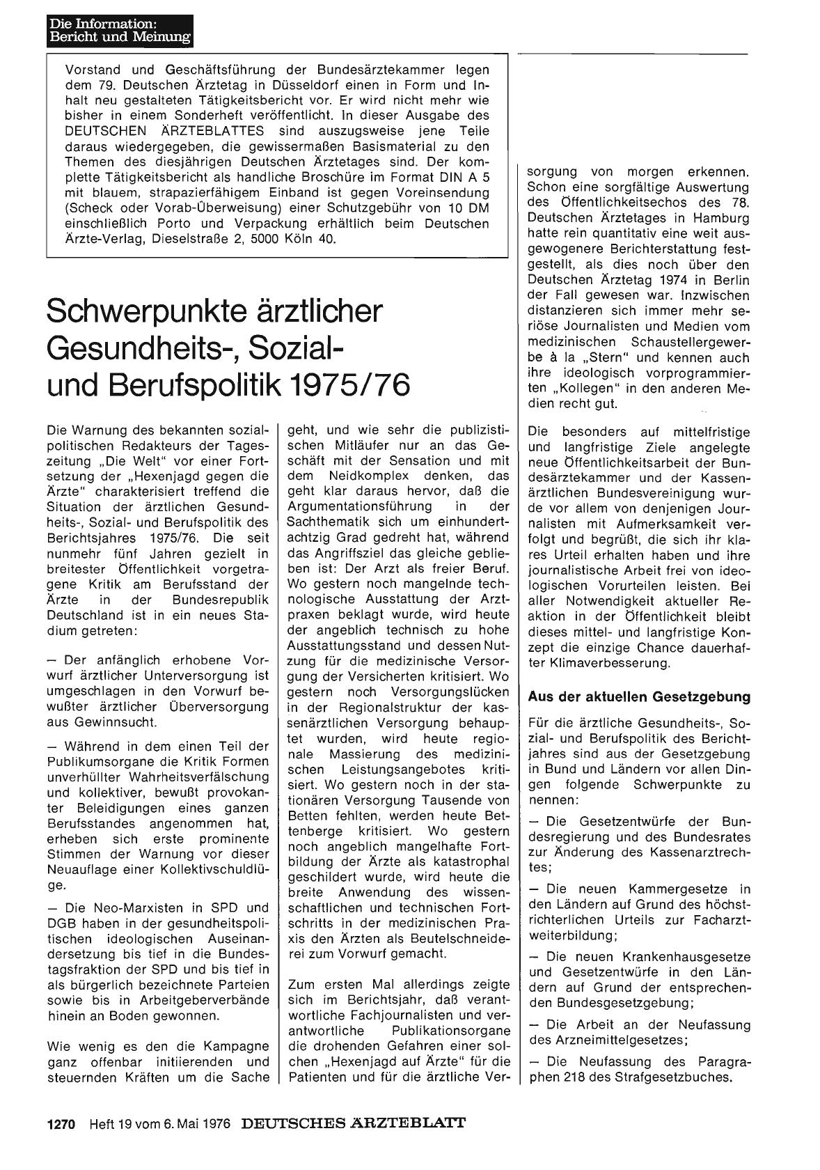 Vorschauseite 1: Schwerpunkte ärztlicher Gesundheits-, Sozial-und Berufspolitik 1975/76